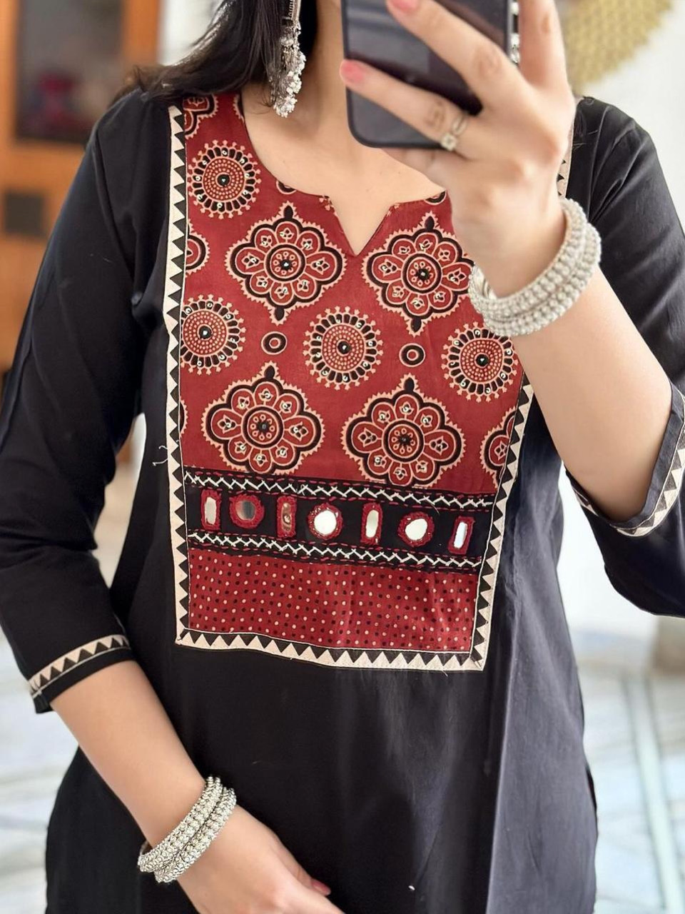 Black Mehrun Color Combination Rayon Handblock Print Tabla Kurta With Rayon Plazo