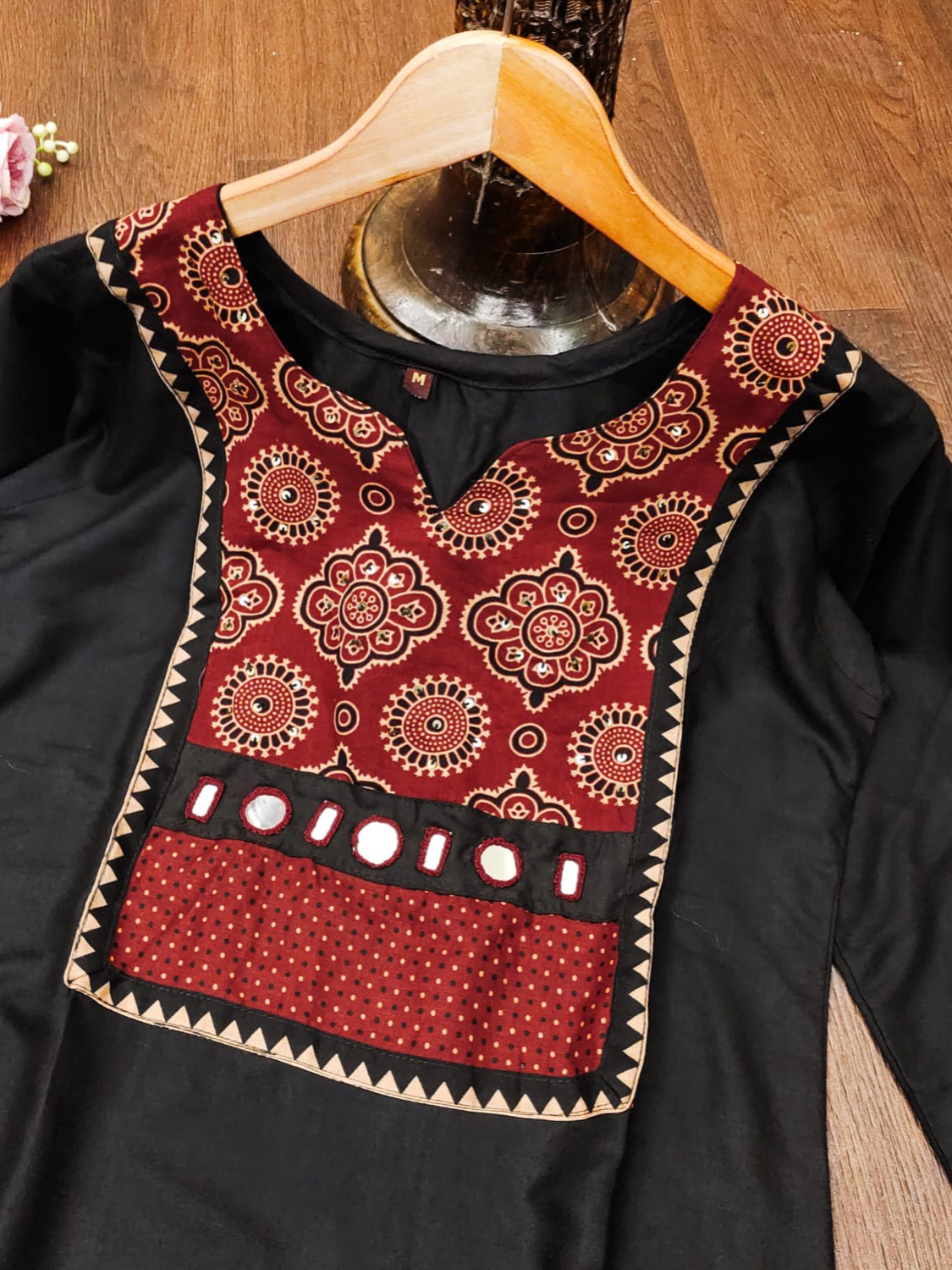 Black Mehrun Color Combination Rayon Handblock Print Tabla Kurta With Rayon Plazo