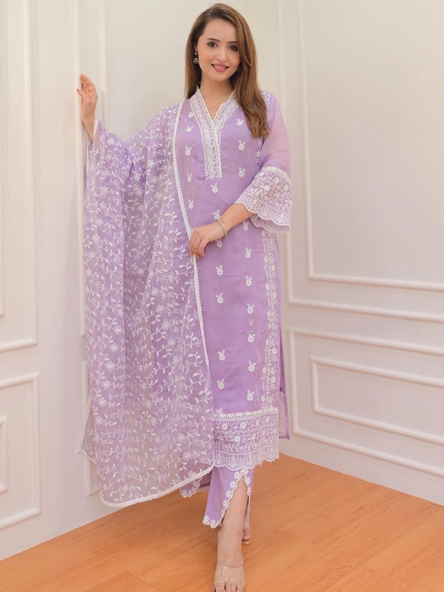 Lilac Color Pure Organza Beautiful Embrodiery Readymade Suit Set