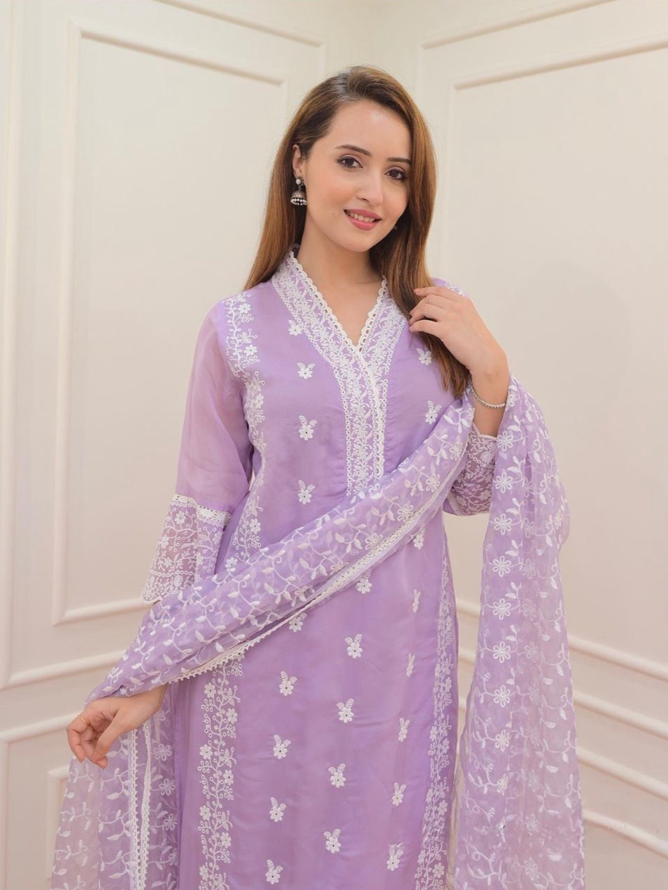 Lilac Color Pure Organza Beautiful Embrodiery Readymade Suit Set