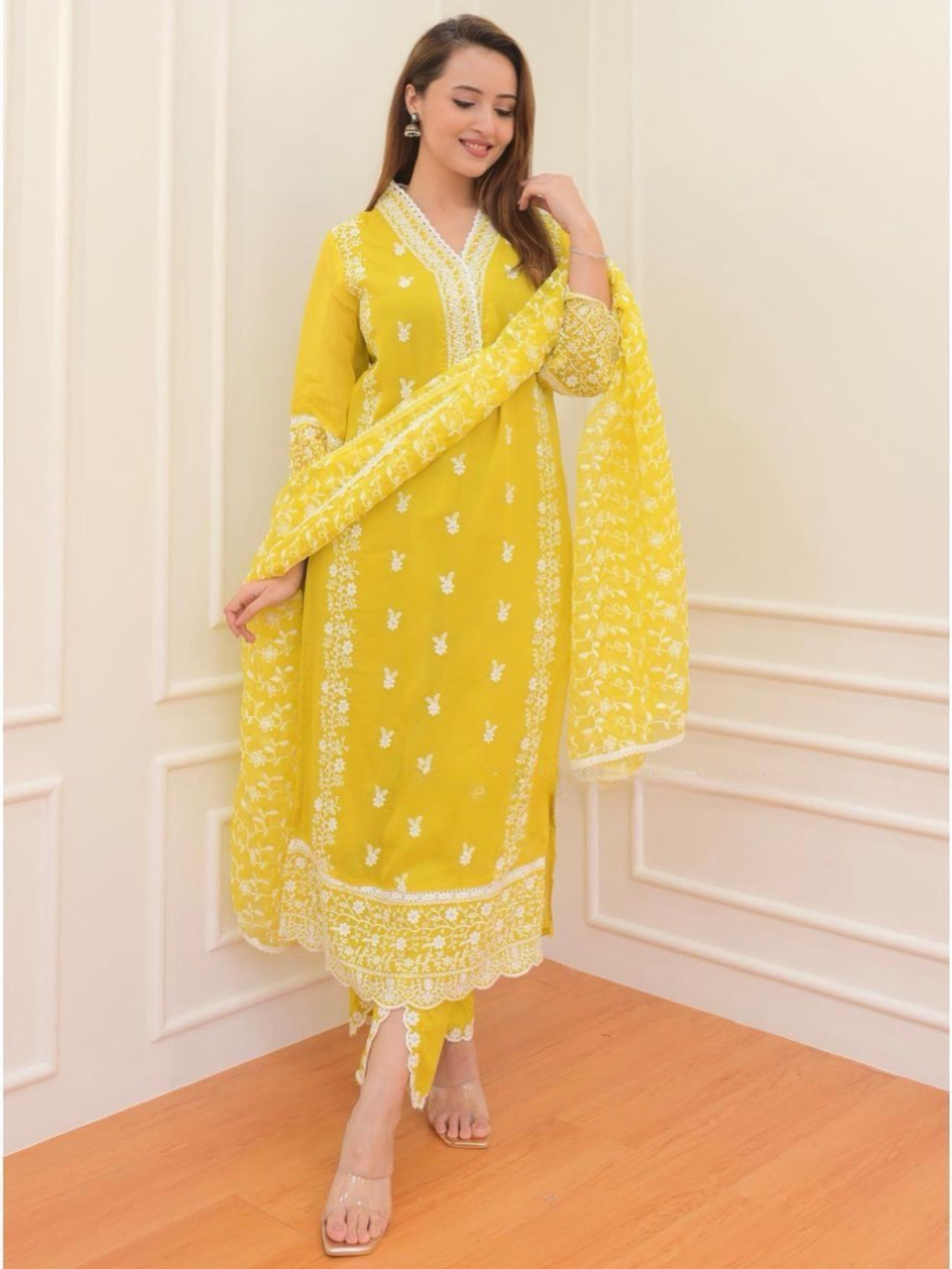 Yellow Color Pure Organza Beautiful Embrodiery Readymade Suit Set