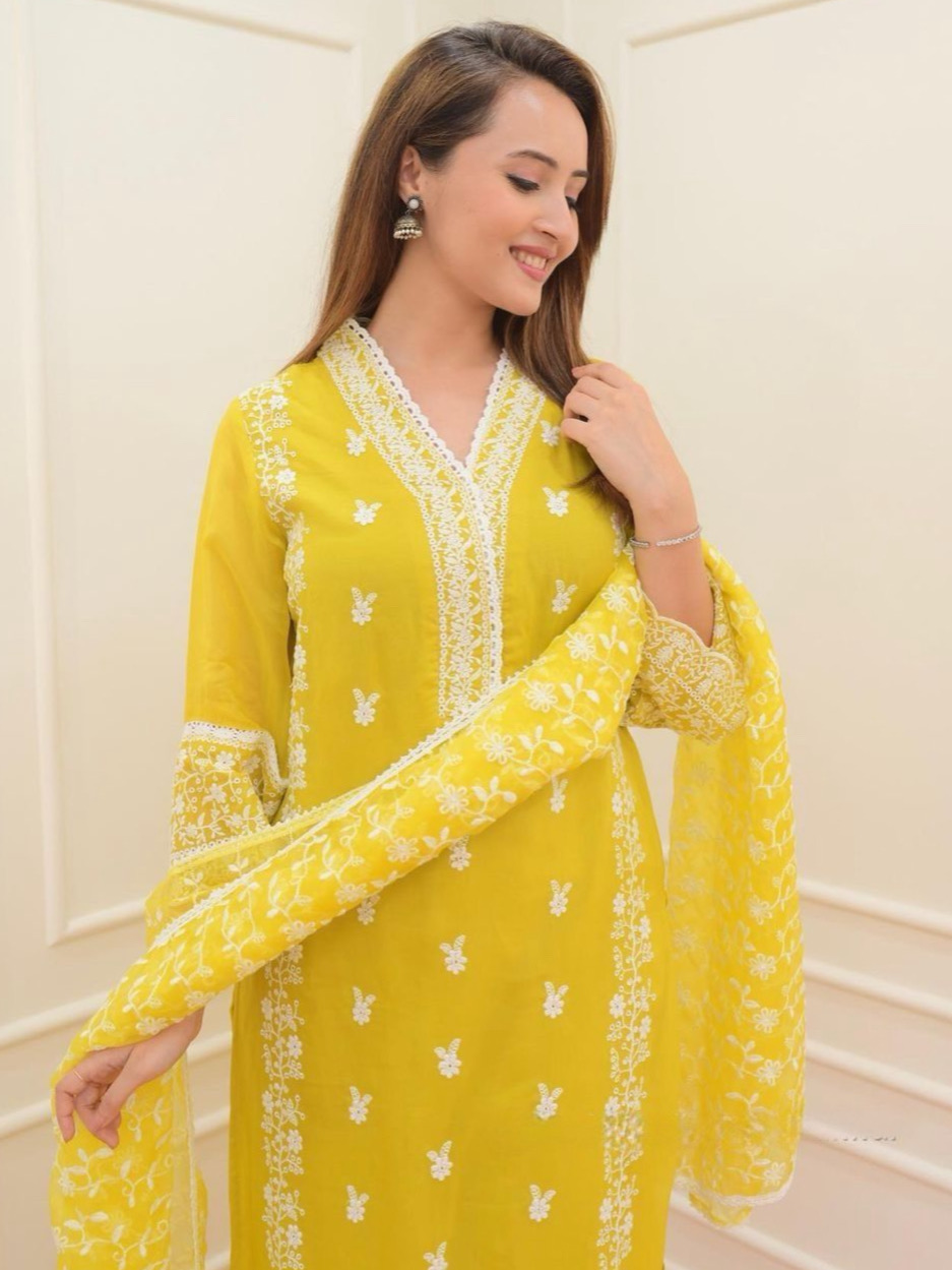 Yellow Color Pure Organza Beautiful Embrodiery Readymade Suit Set