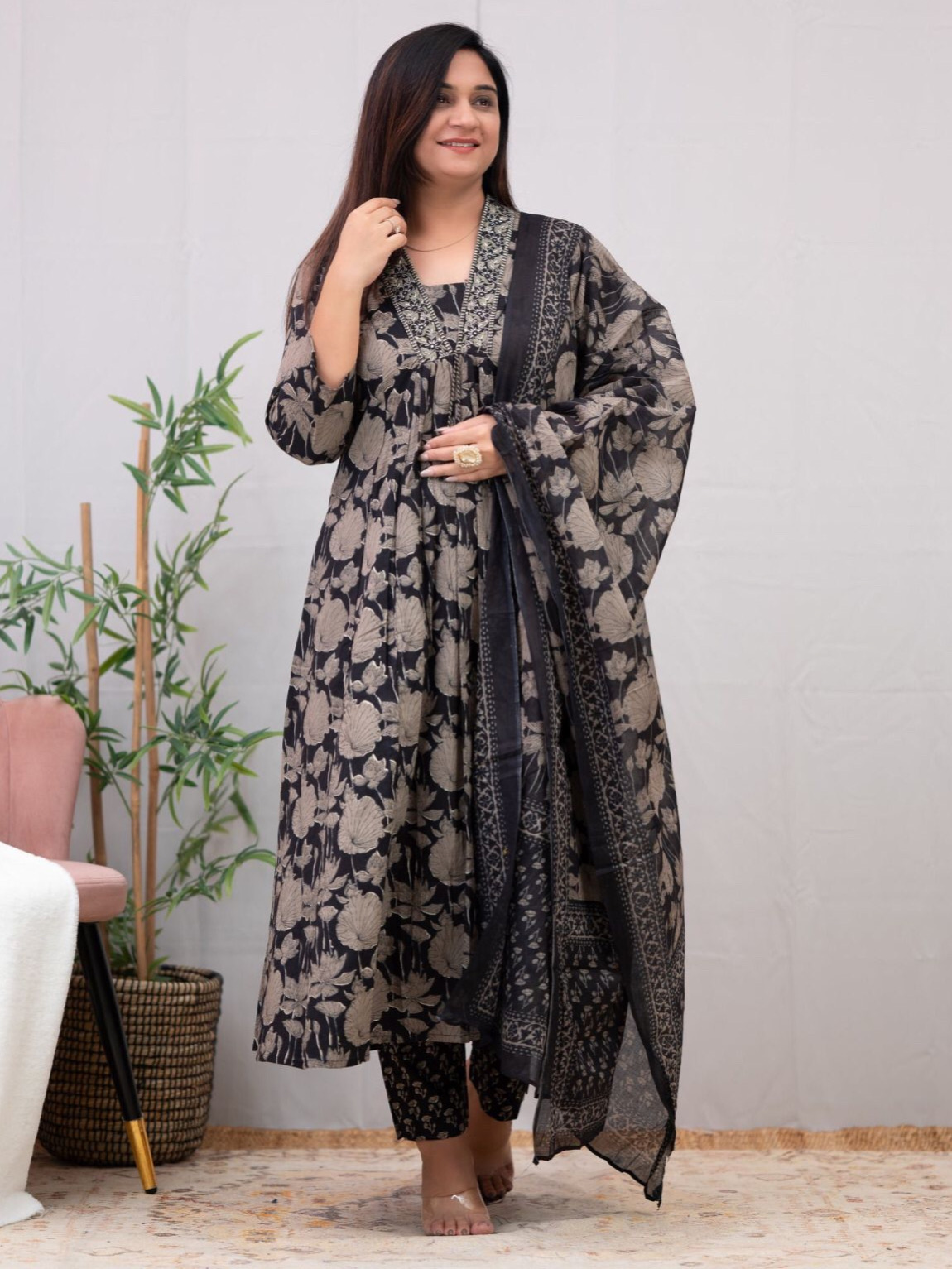 Black Color Block Print Long Slit Cotton Aline Kurta Pant & Duppatta Set