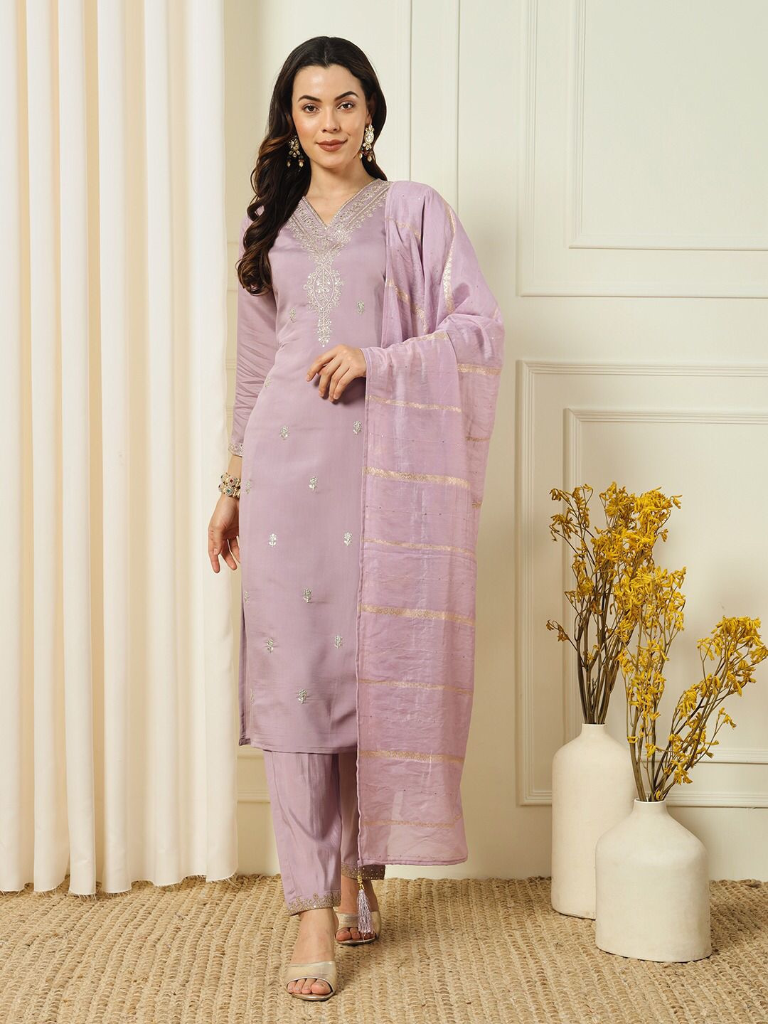 Light Purple Color Roman Silk with Beautiful Embroidery Sequence Work Kurta Pant Dupatta Set