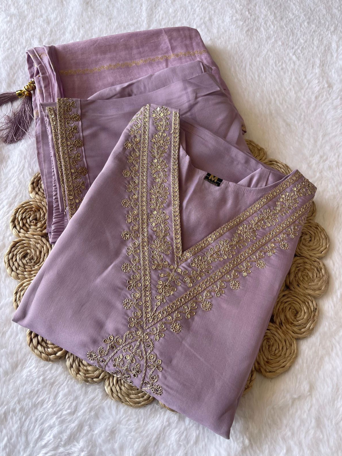 Light Purple Color Roman Silk with Beautiful Embroidery Sequence Work Kurta Pant Dupatta Set