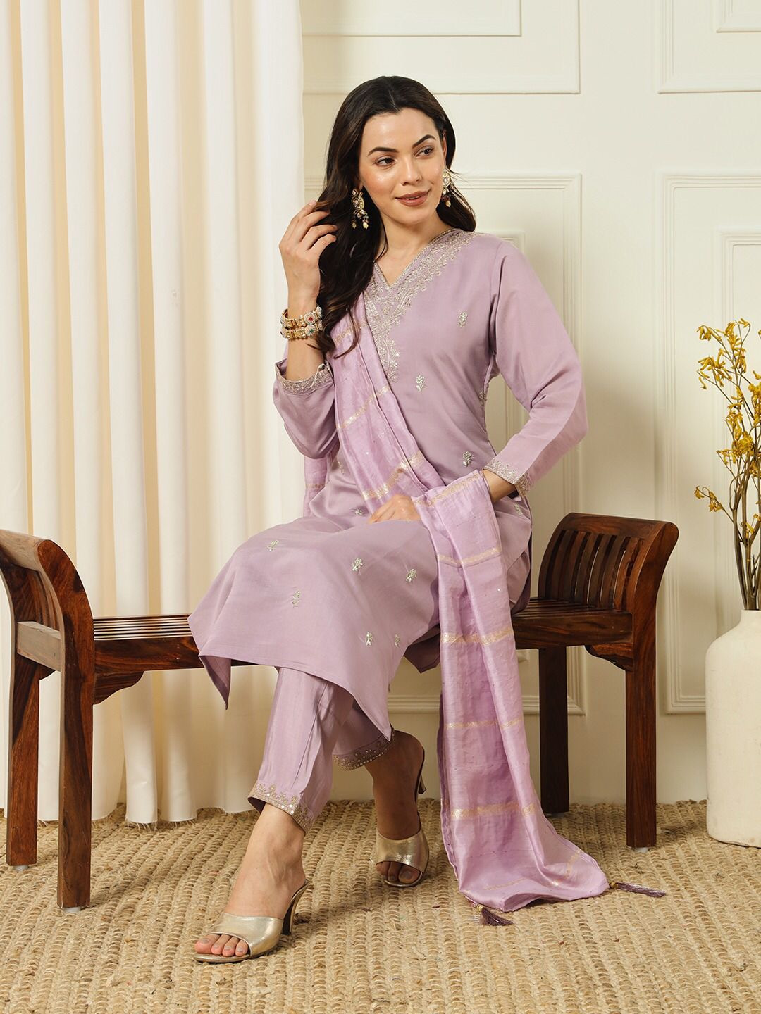 Light Purple Color Roman Silk with Beautiful Embroidery Sequence Work Kurta Pant Dupatta Set