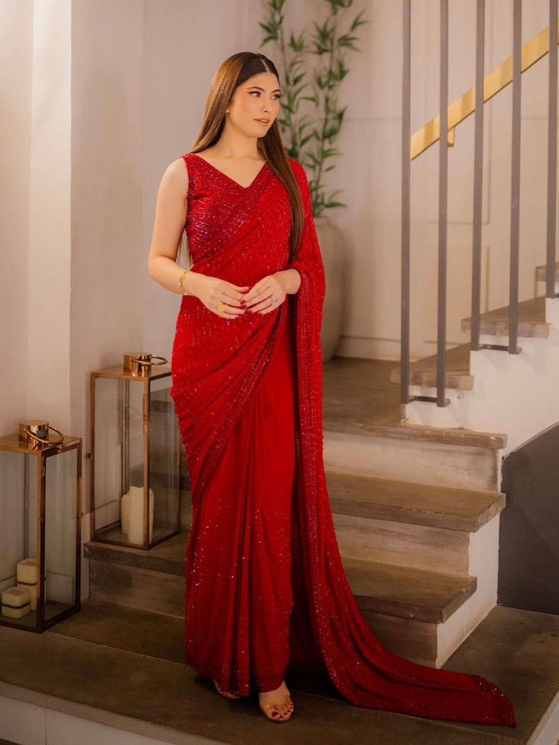 Red Color Heavy Georgette With 5MM Sequins Embroidery Work Saree