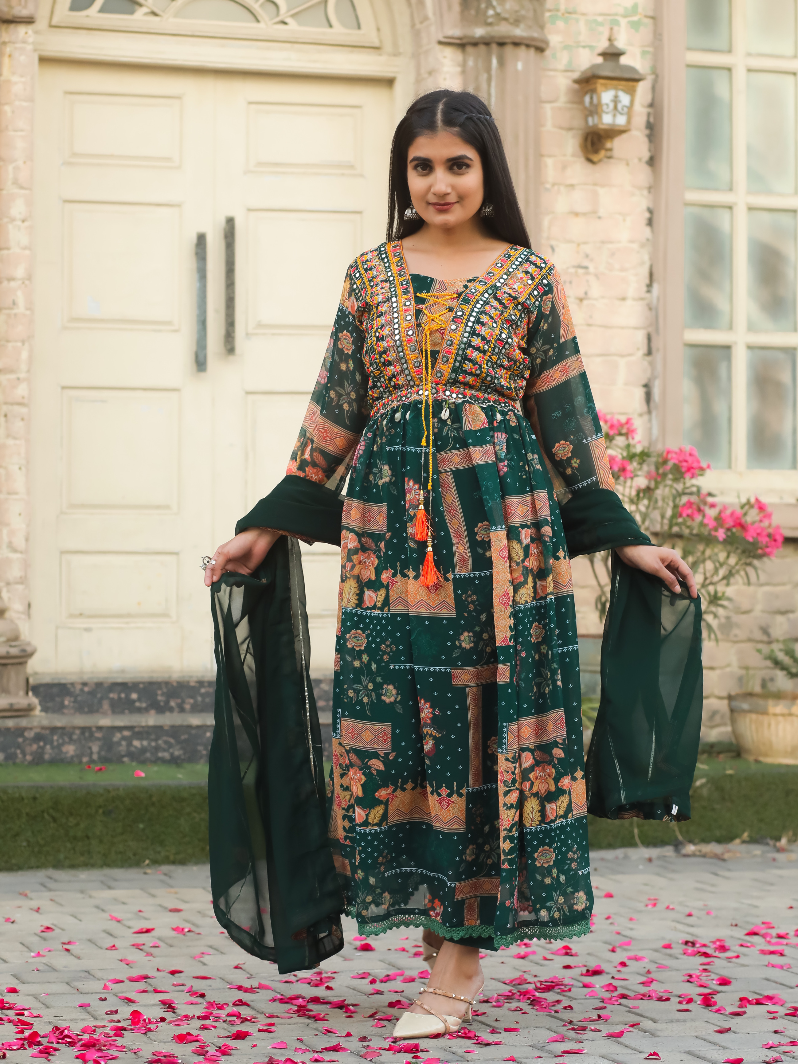 Green Color Faux Georgette Digital Print With Frill Style Kurta With Printed Pant & Dupatta Set