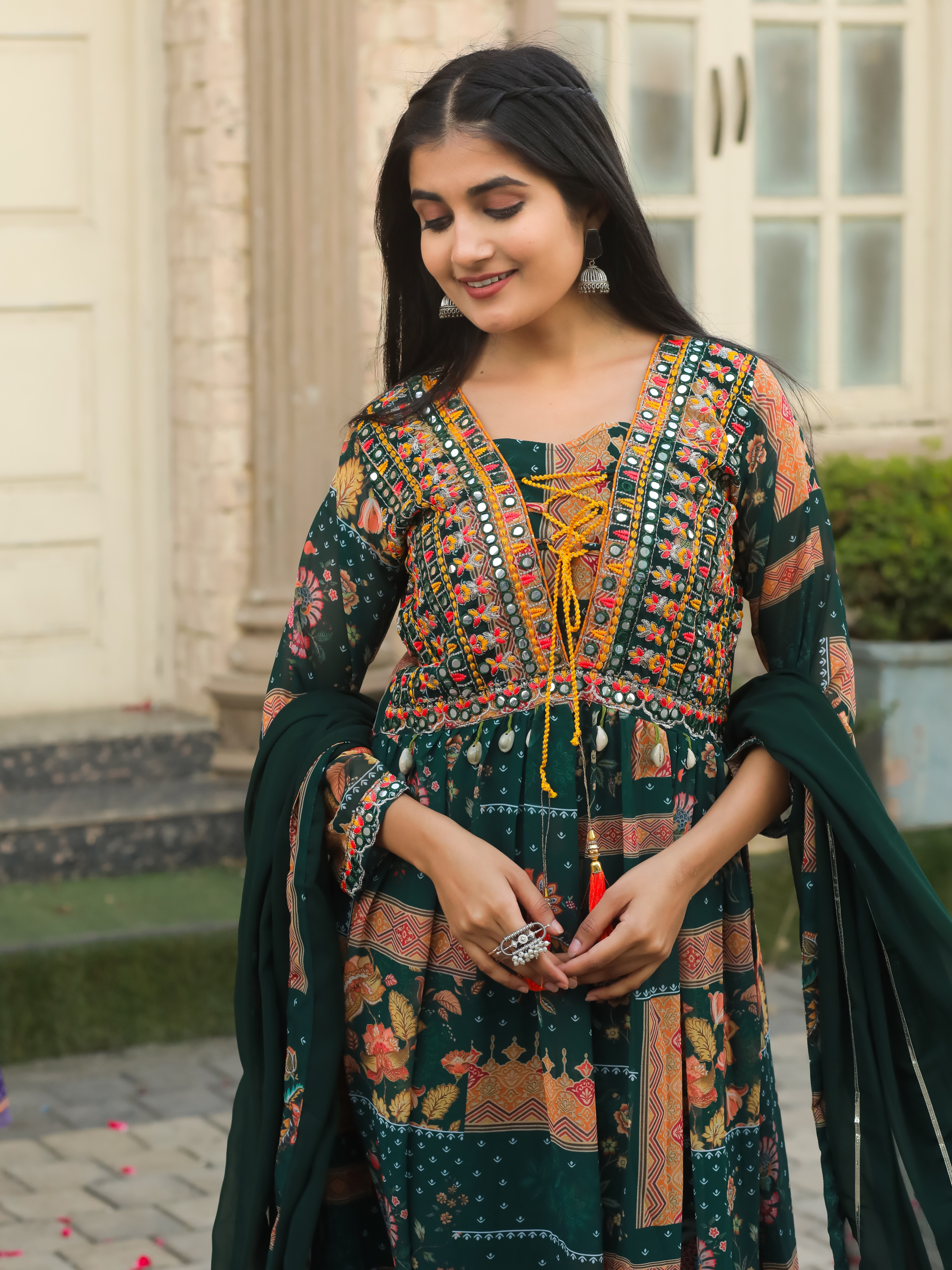 Green Color Faux Georgette Digital Print With Frill Style Kurta With Printed Pant & Dupatta Set