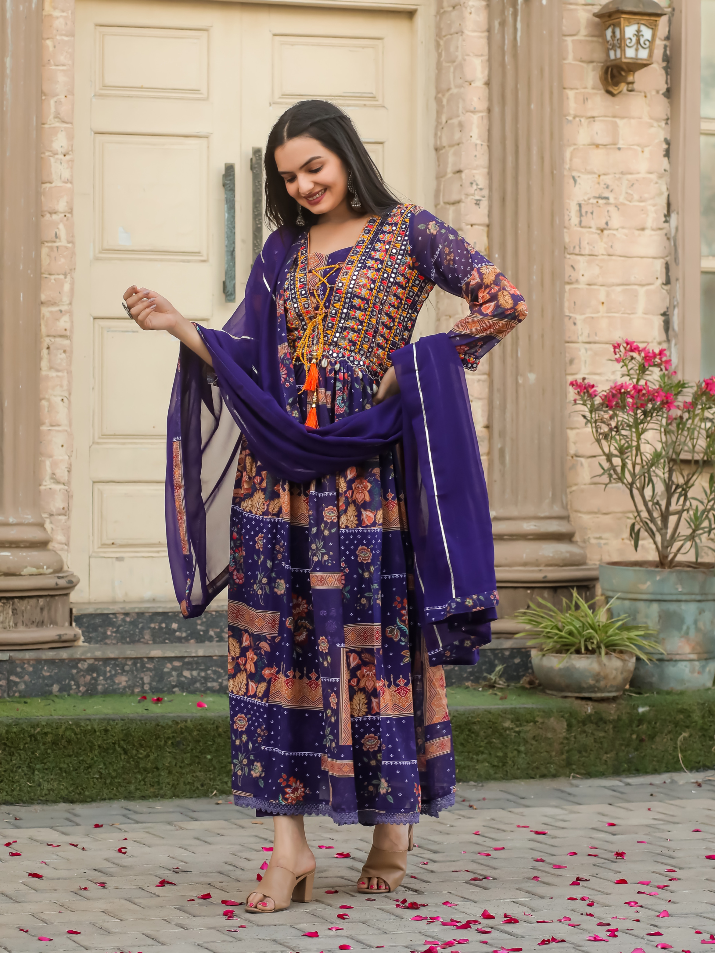 Purple Color Faux Georgette Digital Print With Frill Style Kurta With Printed Pant & Dupatta Set