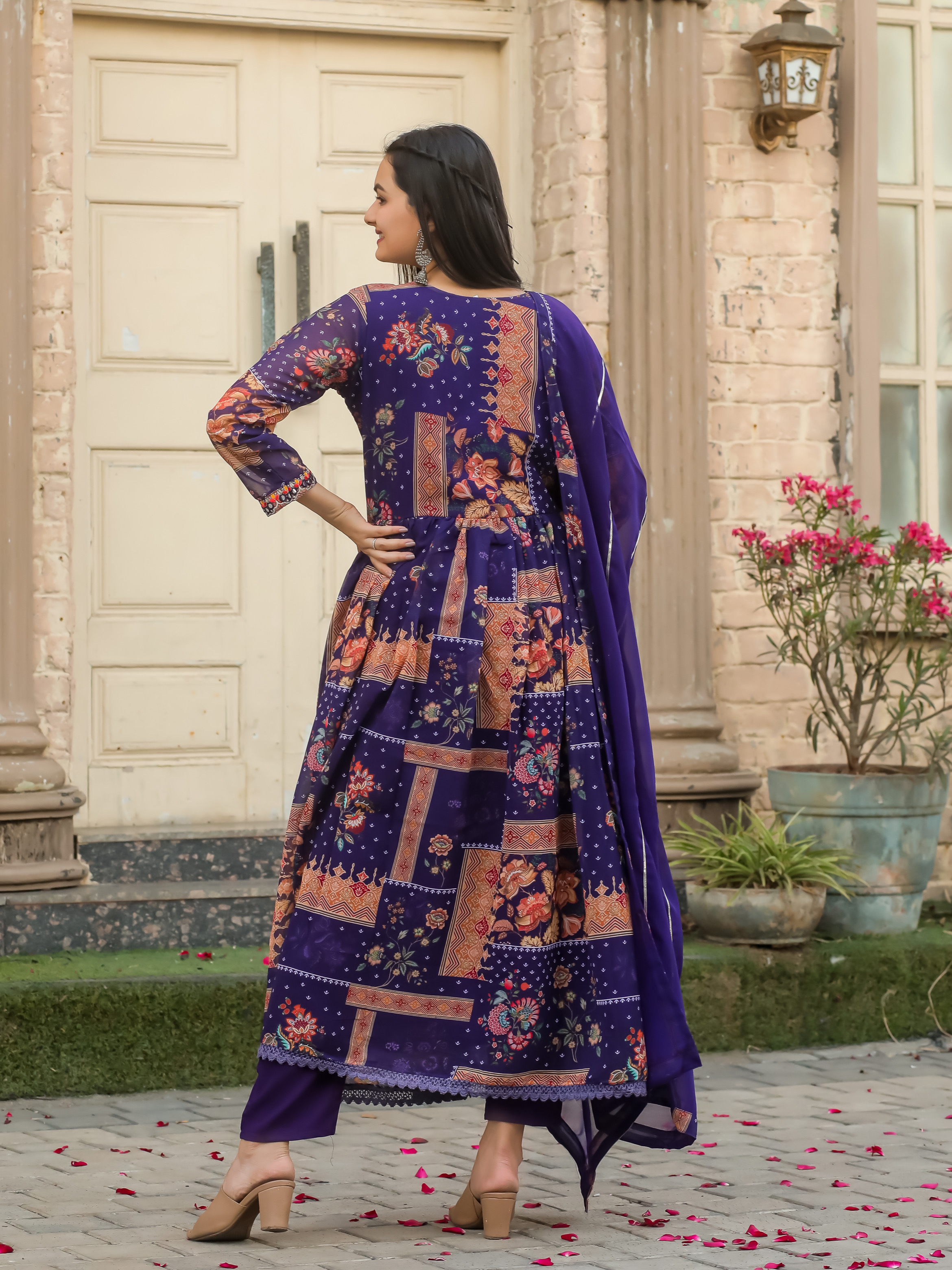 Purple Color Faux Georgette Digital Print With Frill Style Kurta With Printed Pant & Dupatta Set