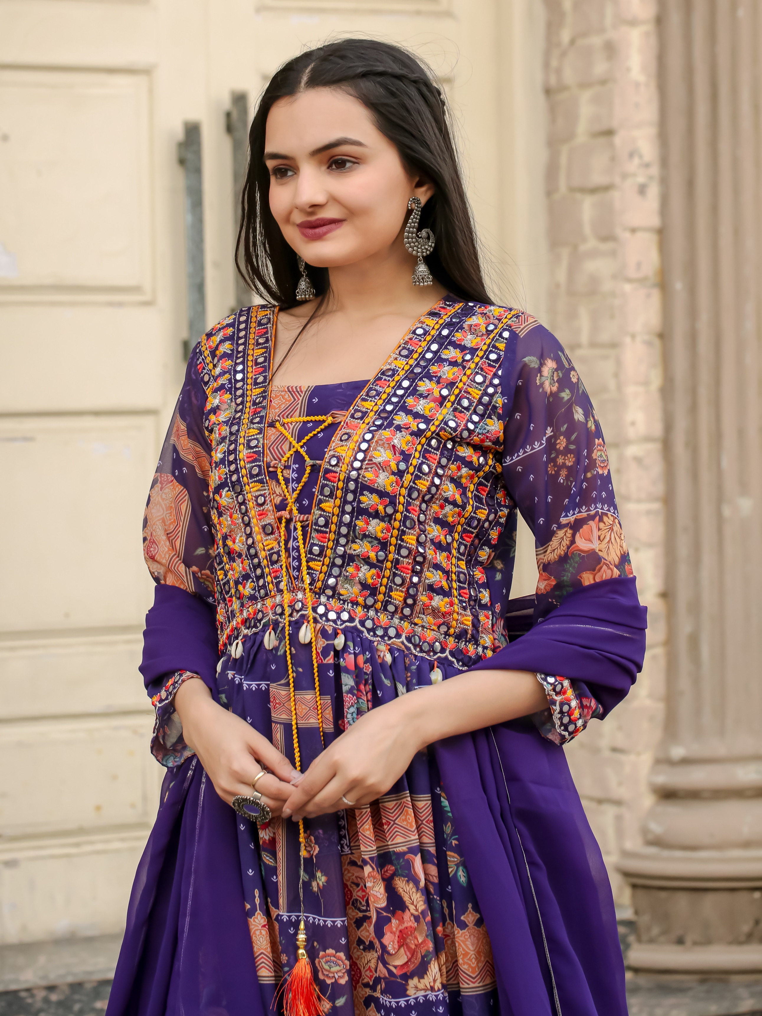 Purple Color Faux Georgette Digital Print With Frill Style Kurta With Printed Pant & Dupatta Set