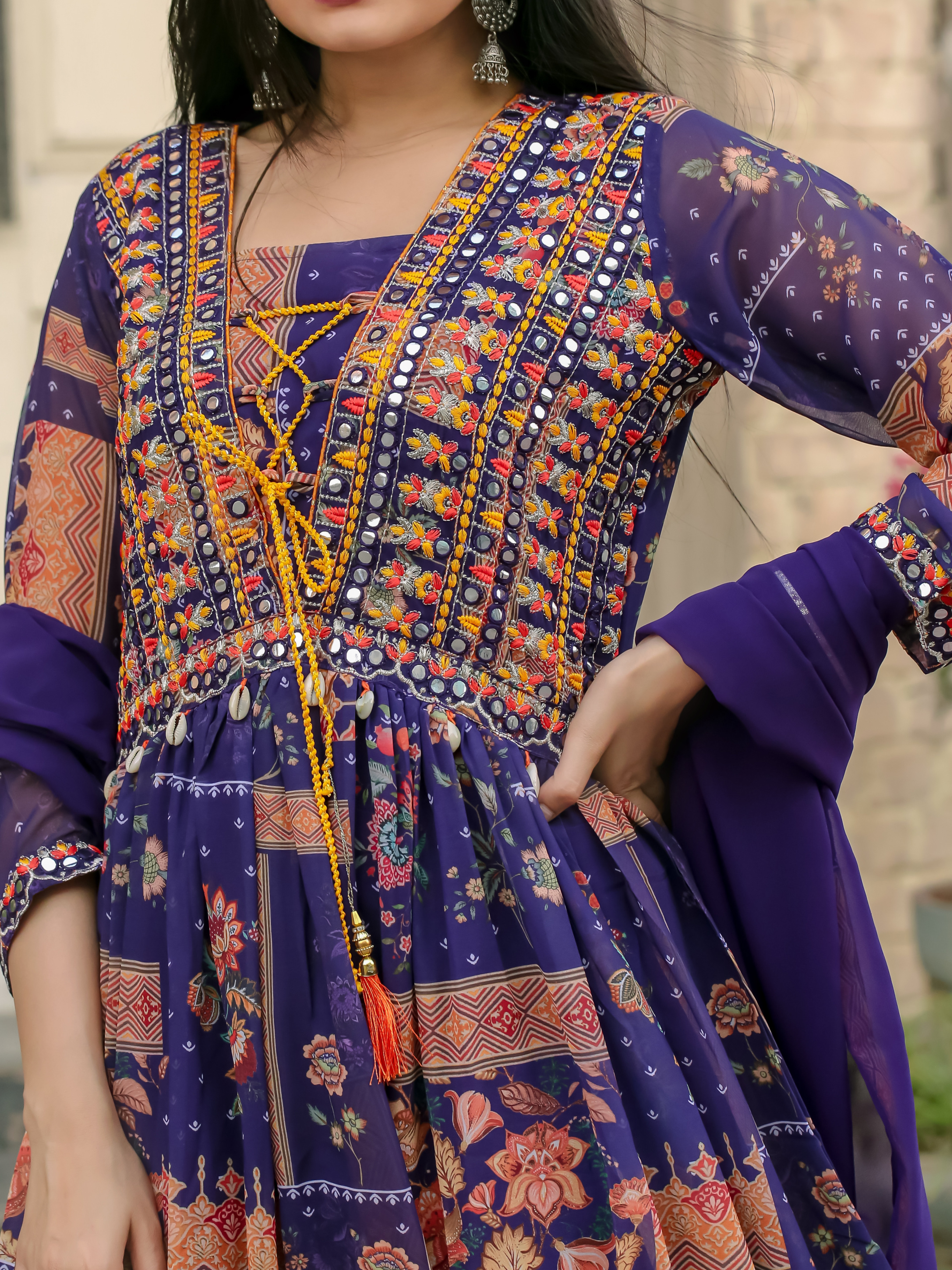 Purple Color Faux Georgette Digital Print With Frill Style Kurta With Printed Pant & Dupatta Set