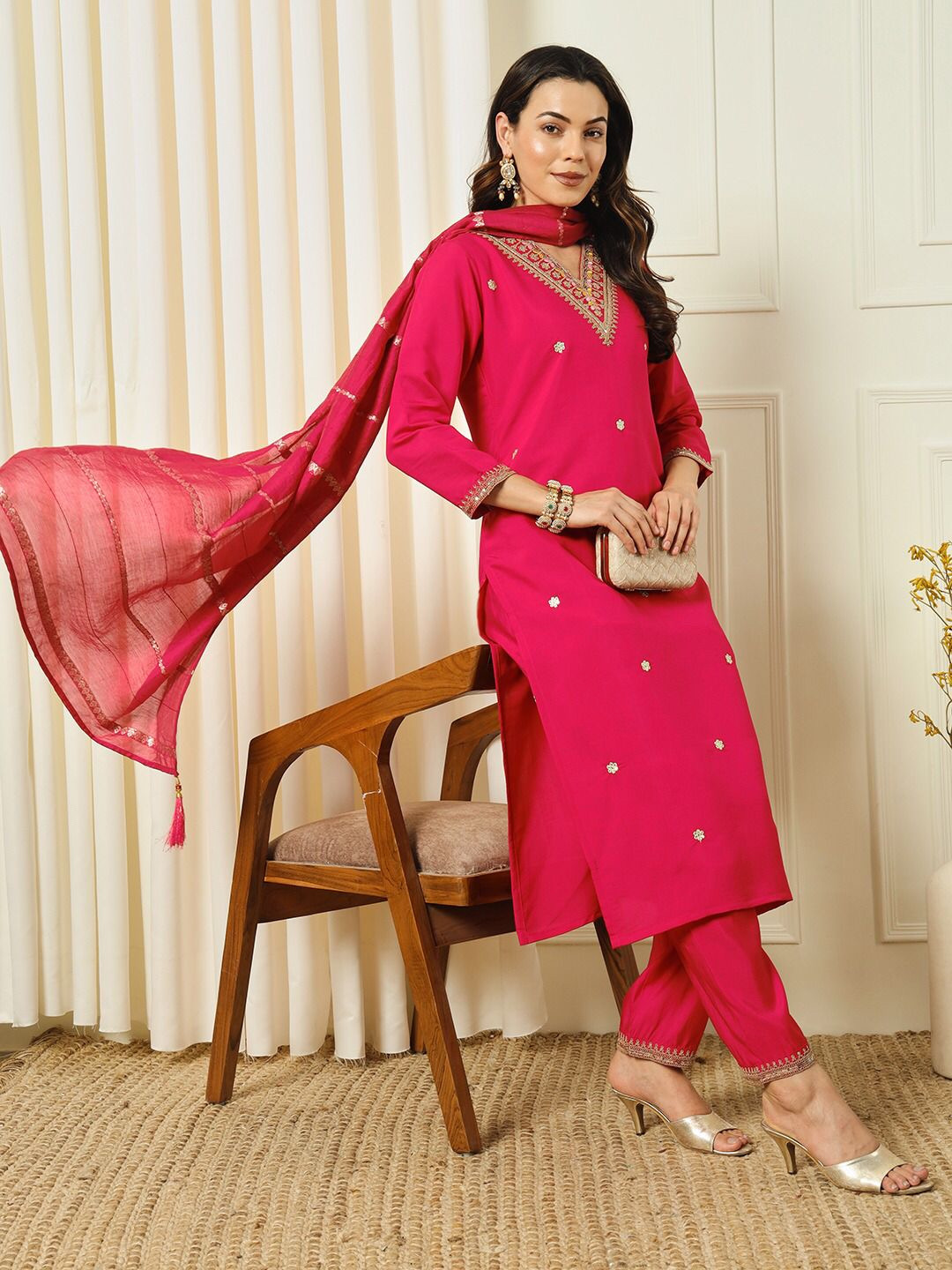 Red Cherry Color Roman Silk Beautiful Embroidery Kurta With Bottom Dupatta Set