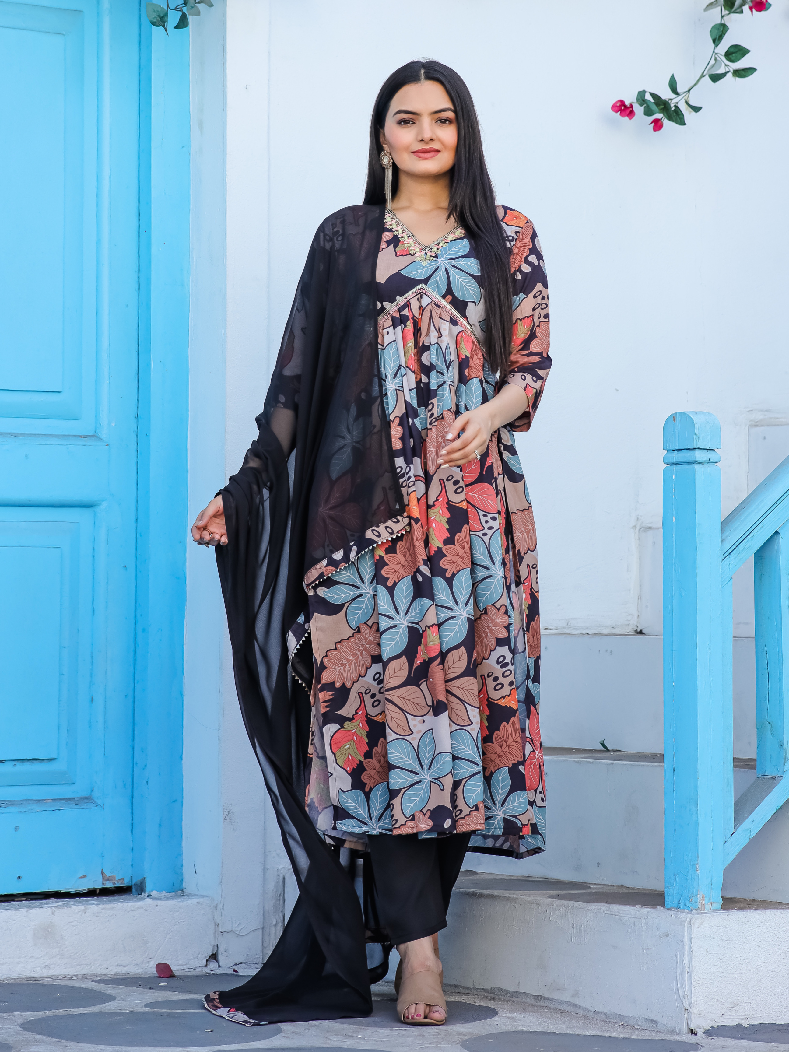 Black Color Multi Digital Print Cotton Kurta With Pant & Nazneen Dupatta Set