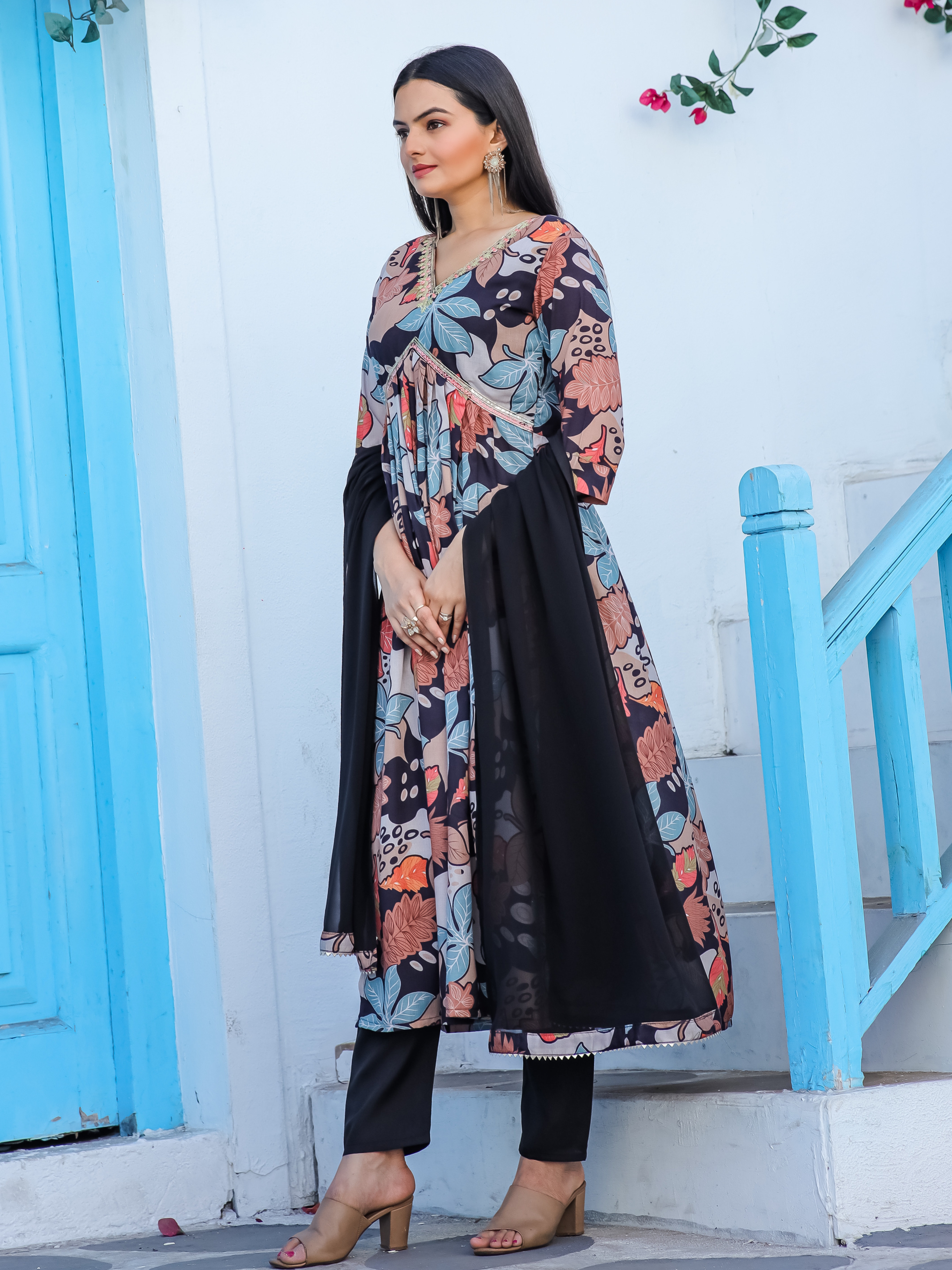 Black Color Multi Digital Print Cotton Kurta With Pant & Nazneen Dupatta Set