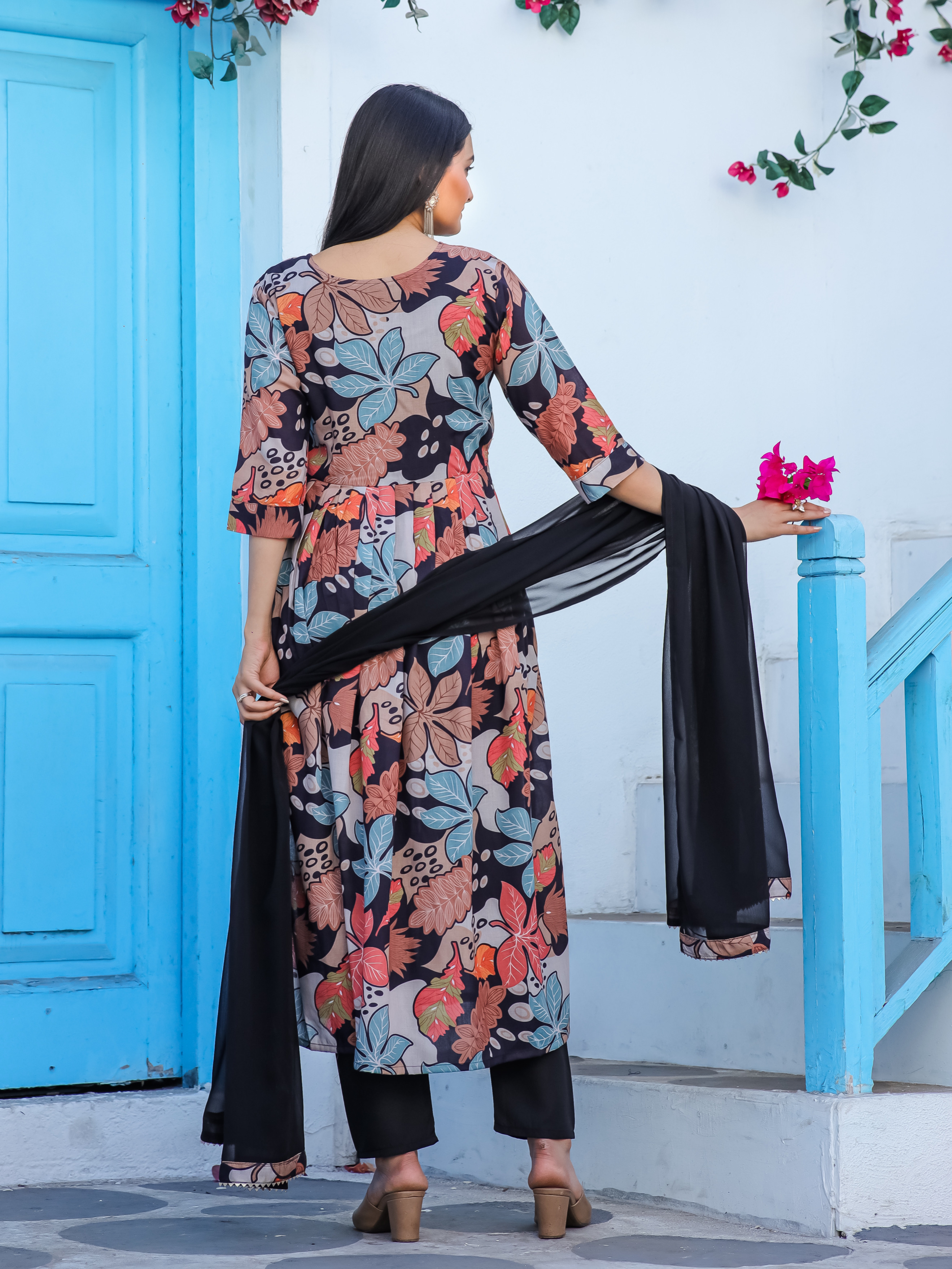 Black Color Multi Digital Print Cotton Kurta With Pant & Nazneen Dupatta Set