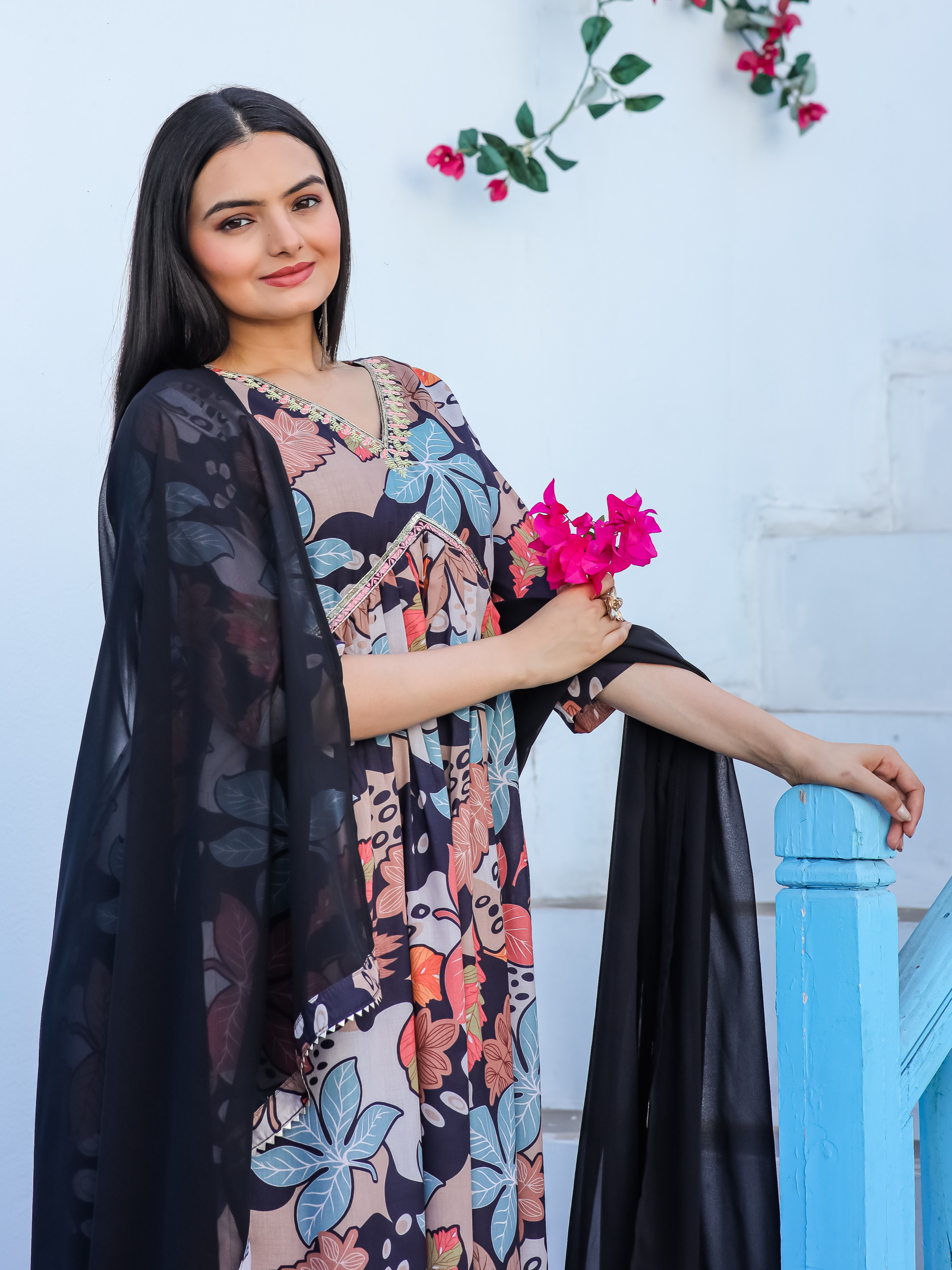 Black Color Multi Digital Print Cotton Kurta With Pant & Nazneen Dupatta Set