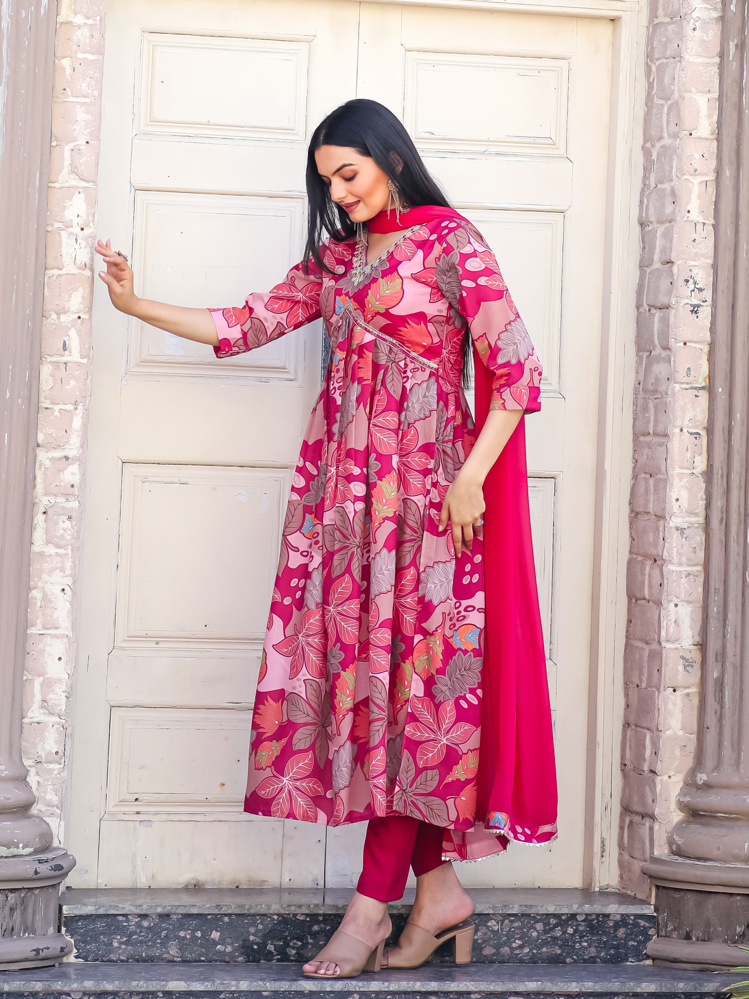 Rani Color Multi Digital Print Cotton Kurta With Pant & Nazneen Dupatta Set