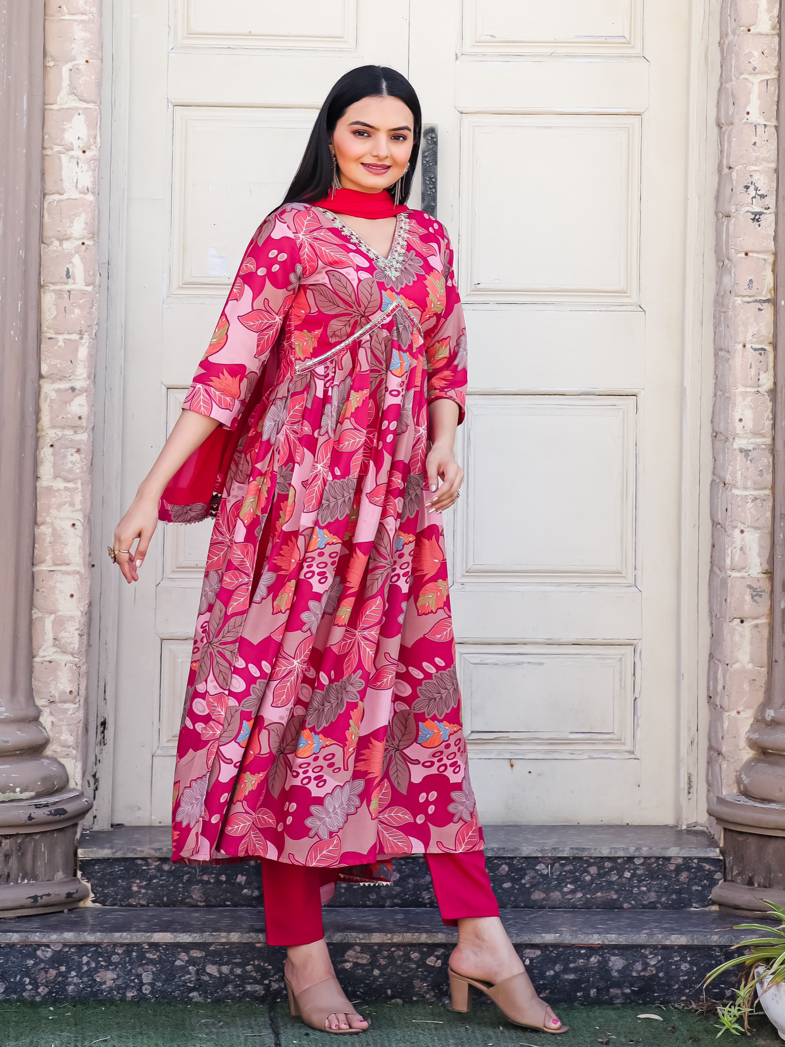 Rani Color Multi Digital Print Cotton Kurta With Pant & Nazneen Dupatta Set