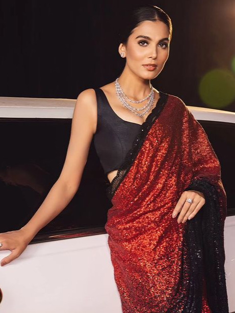 Black Mehrun Double Color Heavy Georgette Sequins Embroidery Work Saree