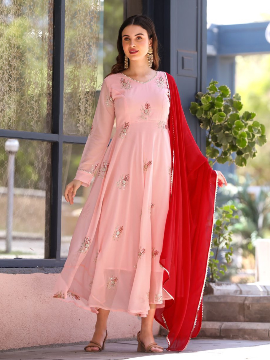 Peach Color Georgette Embroidery Work Gown With Contrast Red Color Dupatta