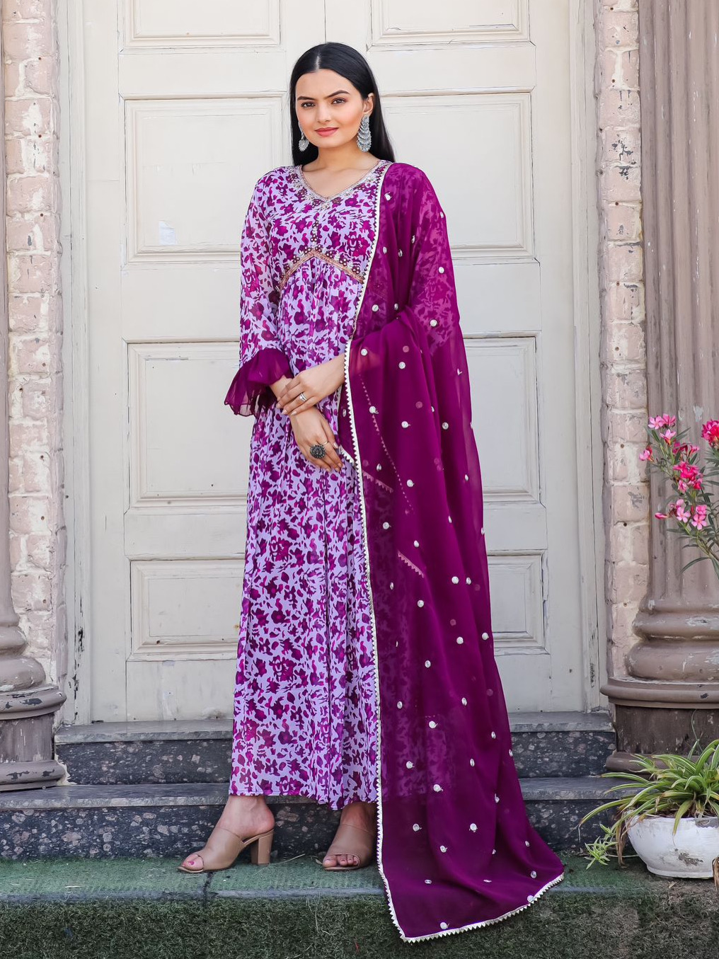 Purple Color Georgette Digital Print With Embroidery Gown & Dupatta Set