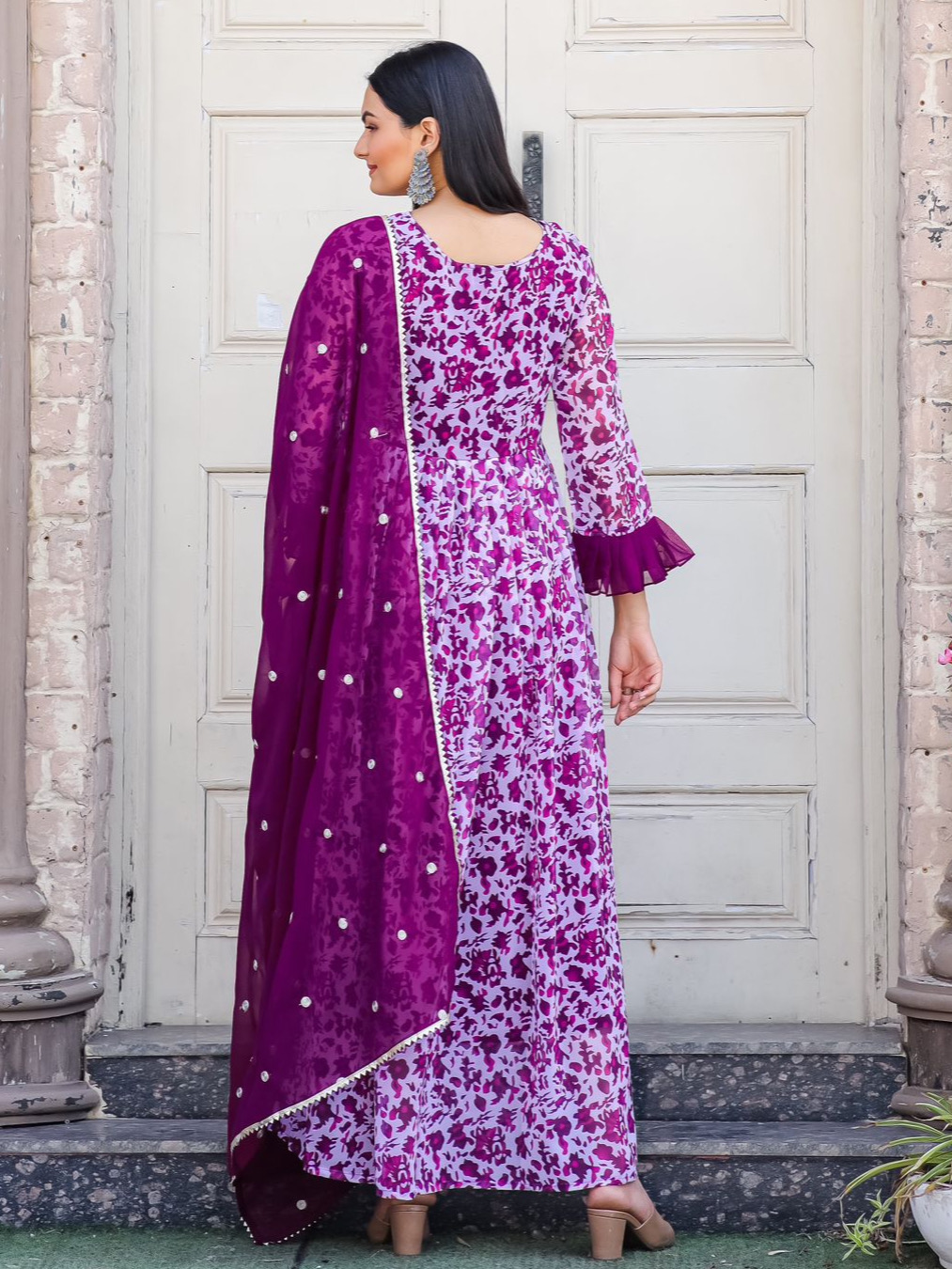 Purple Color Georgette Digital Print With Embroidery Gown & Dupatta Set