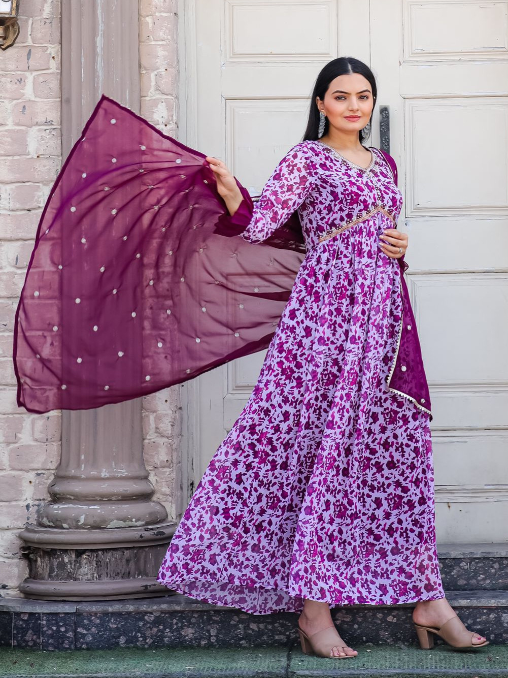 Purple Color Georgette Digital Print With Embroidery Gown & Dupatta Set