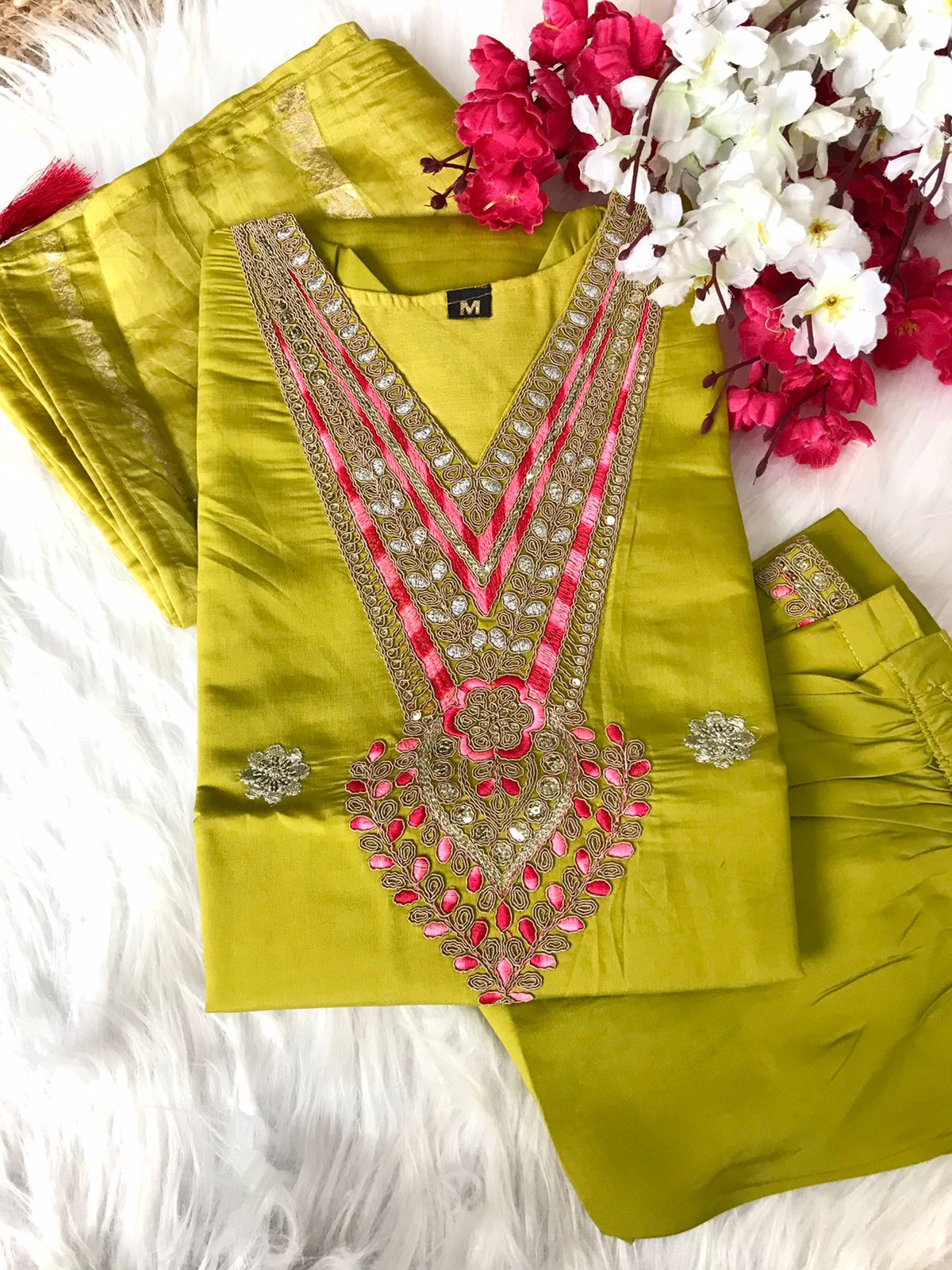 Radiant Green Color Heavy Roman Silk Kurta With Heavy Embrodiery & Pant With Dupatta Set