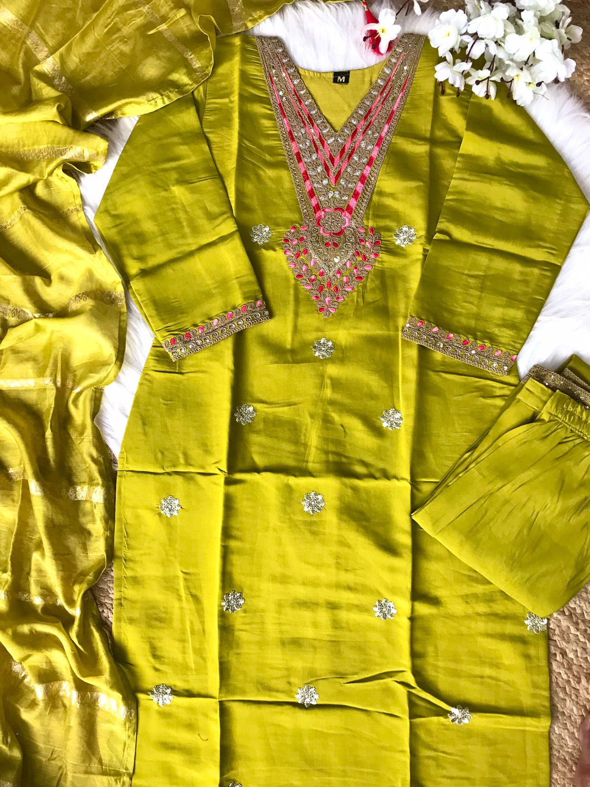 Radiant Green Color Heavy Roman Silk Kurta With Heavy Embrodiery & Pant With Dupatta Set