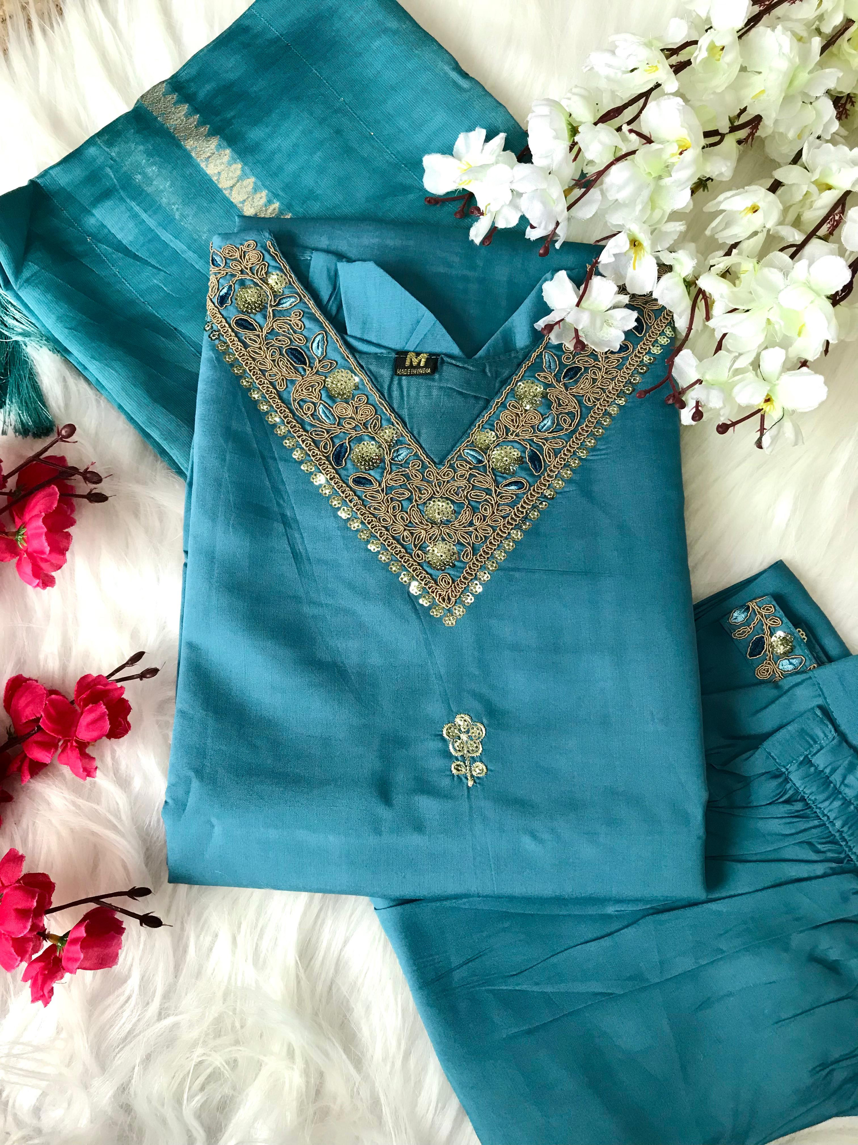 Rama Color Heavy Roman Silk Kurta With Beautiful Embroidery & Pant With Dupatta