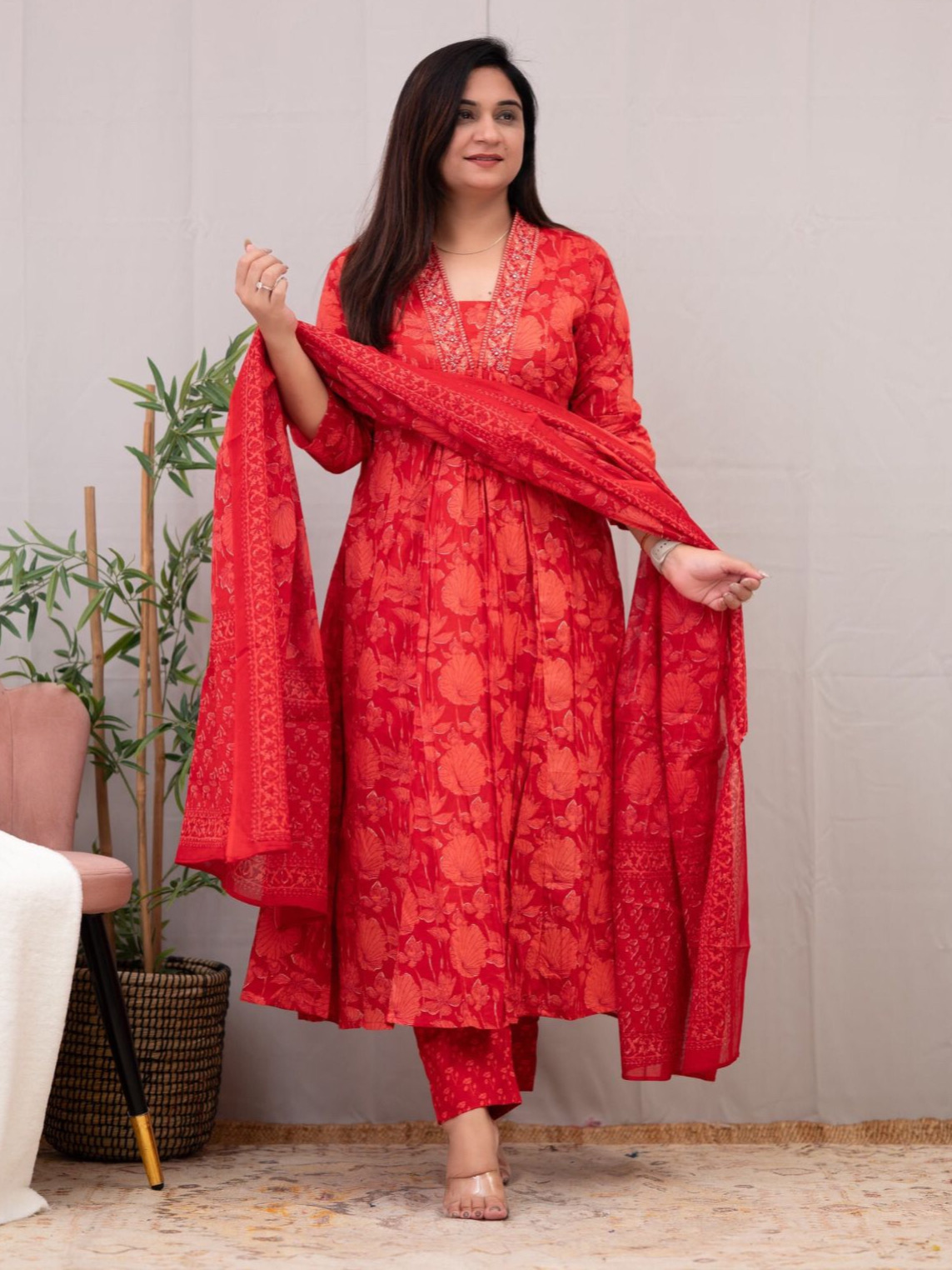 Floral Printed Heavy Cotton Block Print Kurta With Pant Dupatta Set