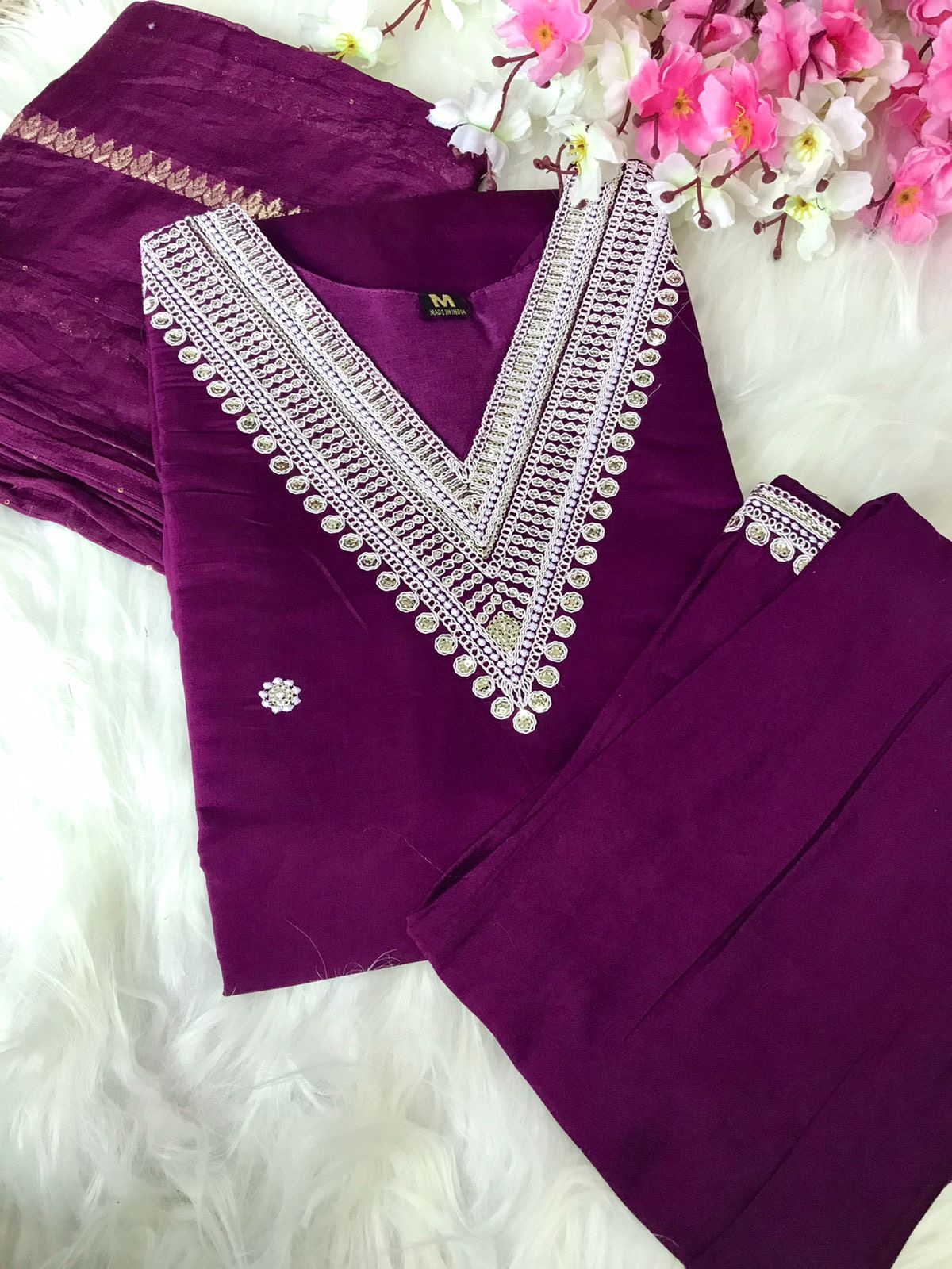 Purple Color Heavy Roman Silk Beautiful Embroidery Sequence Work With Pant & Dupatta Set