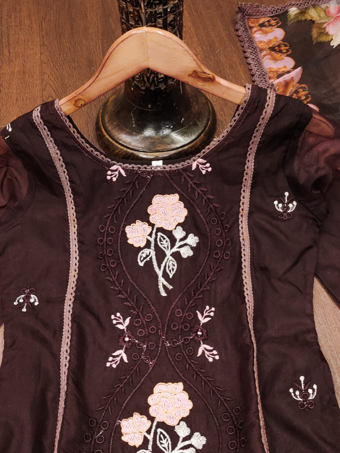 Brown Color Heavy Embroidery Work Pure Organza Suit Set