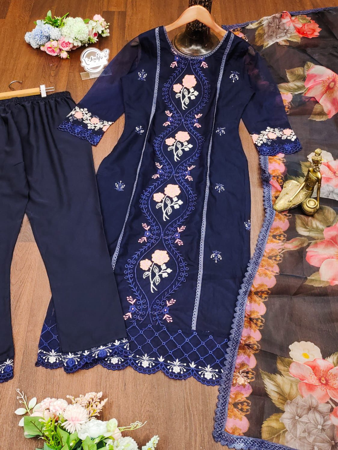 Blue Color Heavy Embroidery Work Pure Organza Suit Set