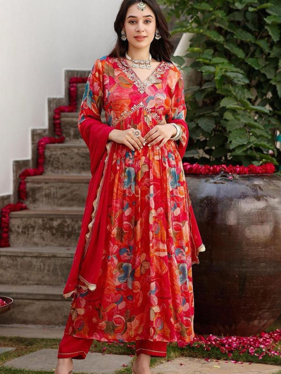 Red Color Floral Print Heavy Georgette Digital Print Alia Cut Kurta With Pant & Dupatta Set