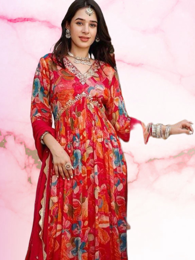 Red Color Floral Print Heavy Georgette Digital Print Alia Cut Kurta With Pant & Dupatta Set