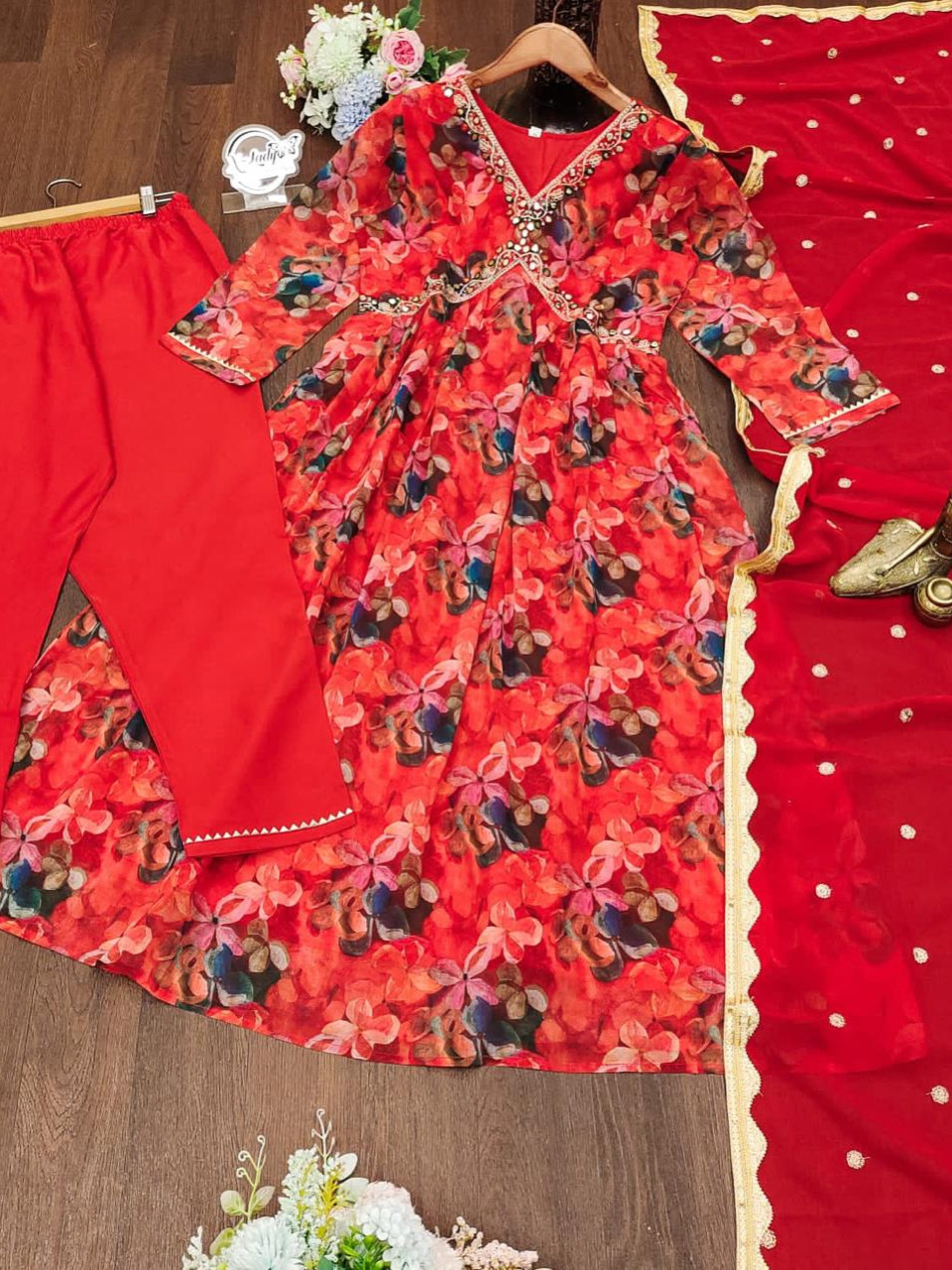 Red Color Floral Print Heavy Georgette Digital Print Alia Cut Kurta With Pant & Dupatta Set