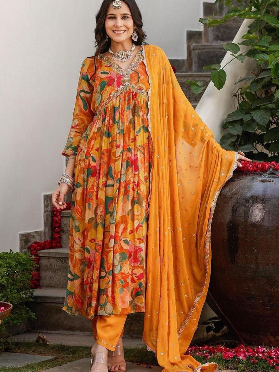 Yellow Color Floral Print Heavy Georgette Digital Print Alia Cut Kurta With Pant & Dupatta Set