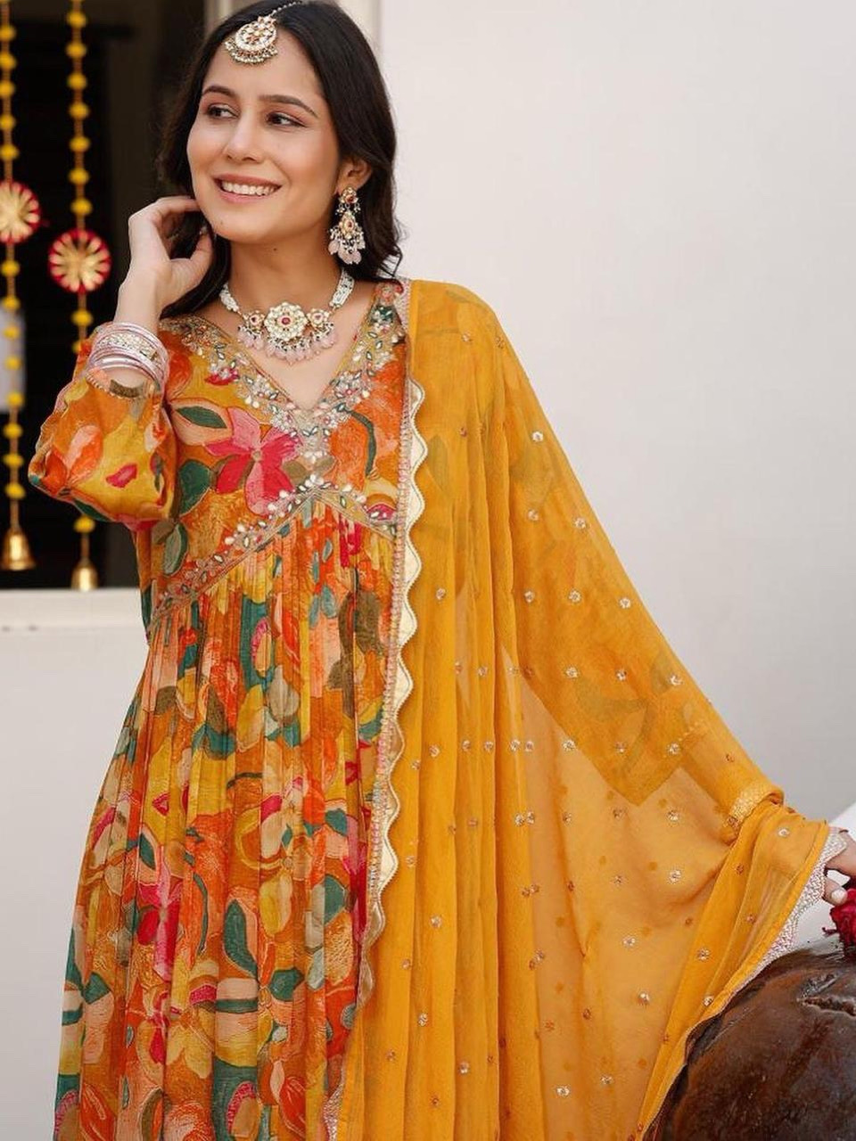 Yellow Color Floral Print Heavy Georgette Digital Print Alia Cut Kurta With Pant & Dupatta Set