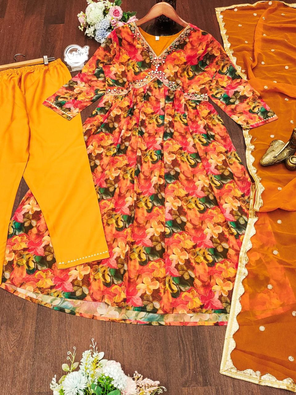 Yellow Color Floral Print Heavy Georgette Digital Print Alia Cut Kurta With Pant & Dupatta Set