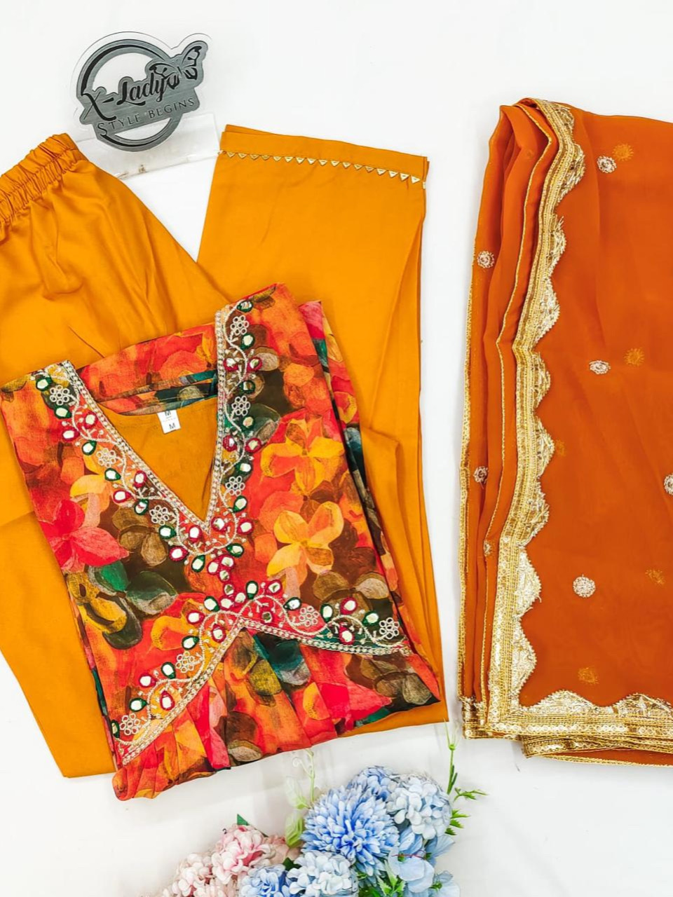 Yellow Color Floral Print Heavy Georgette Digital Print Alia Cut Kurta With Pant & Dupatta Set