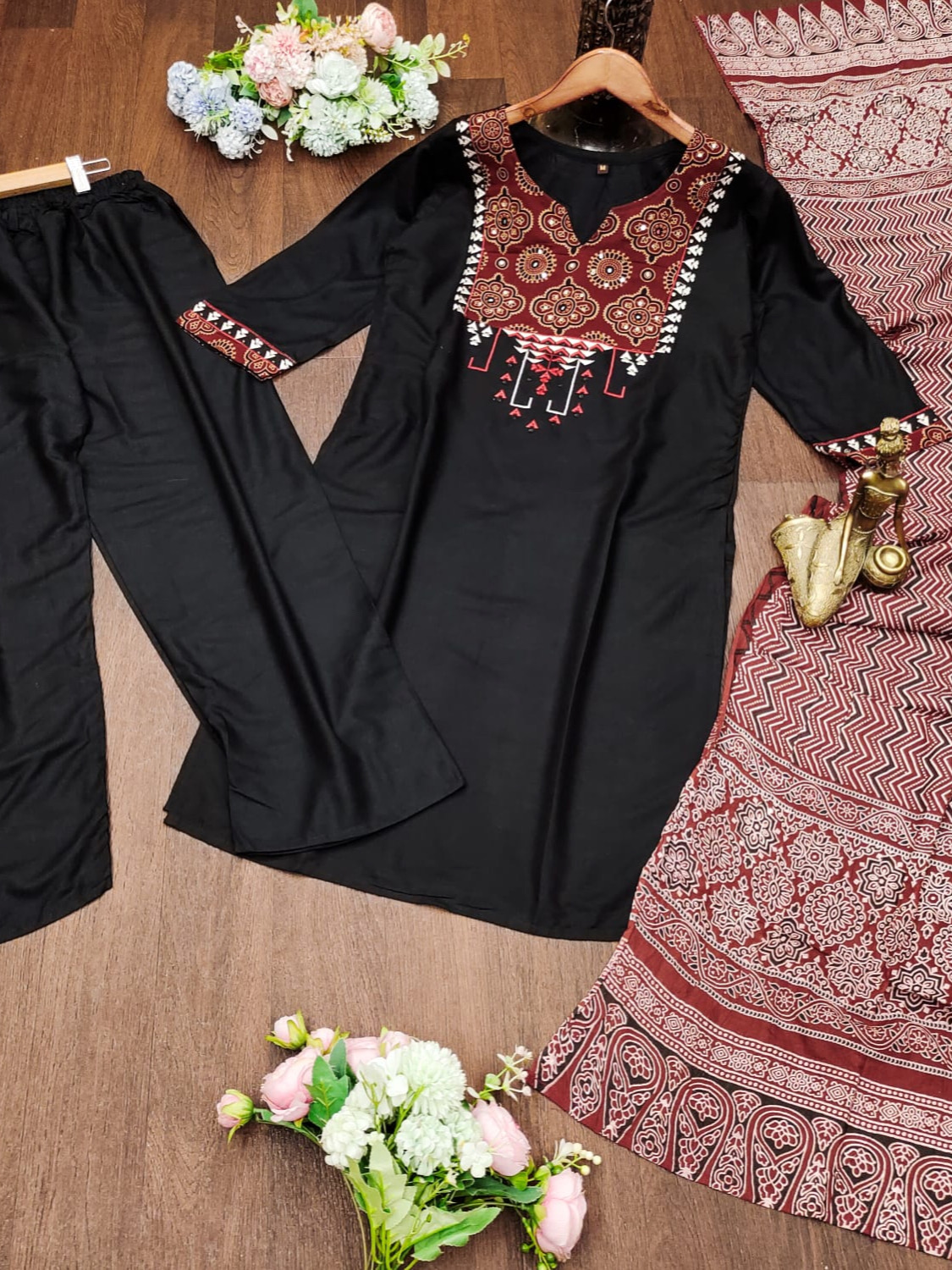 Black Color Heavy Rayon Handblock Print Tabla Kurta With Plazo & Cotton Dupatta