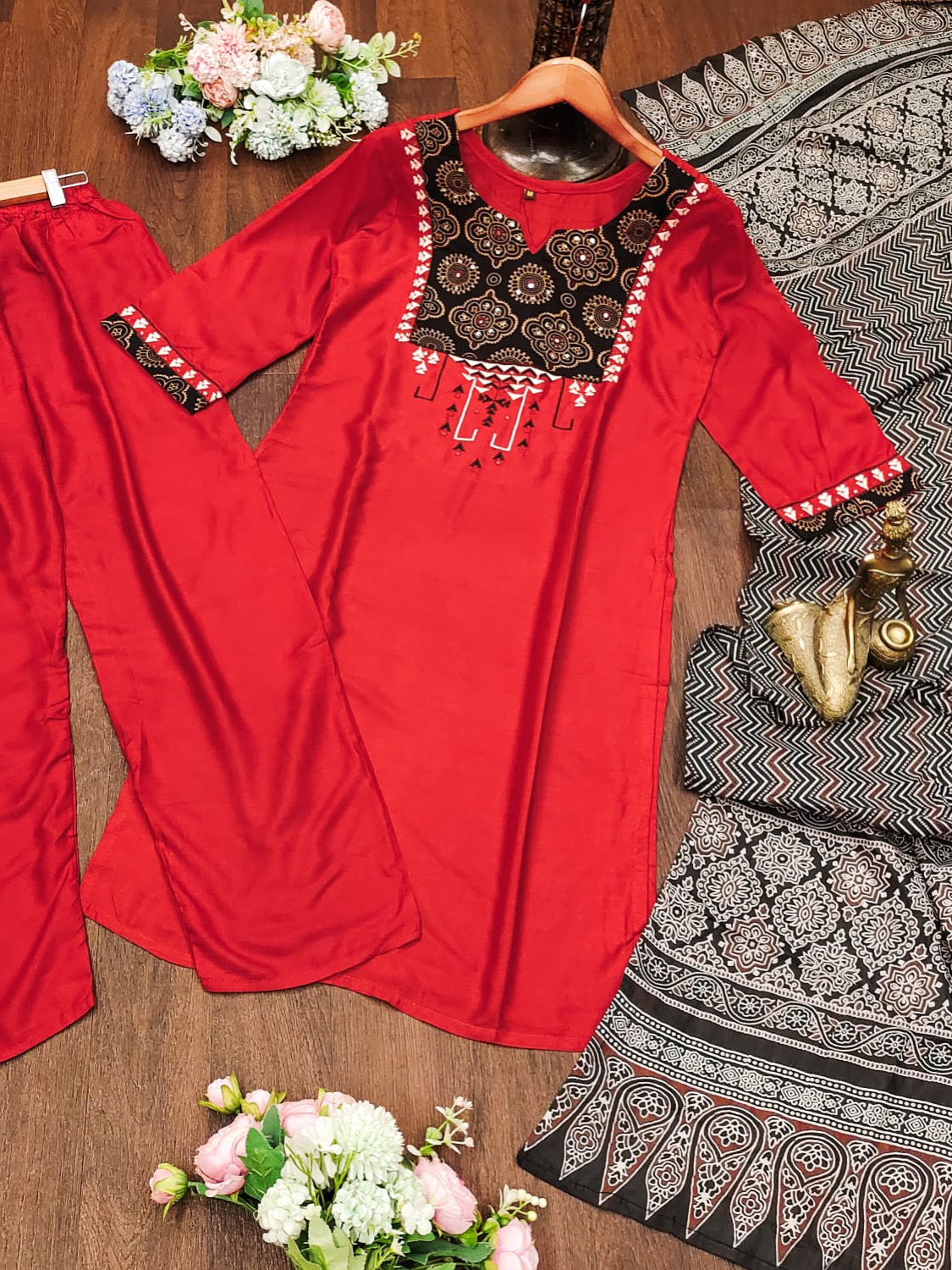 Red Color Heavy Rayon Handblock Print Tabla Kurta With Plazo & Cotton Dupatta