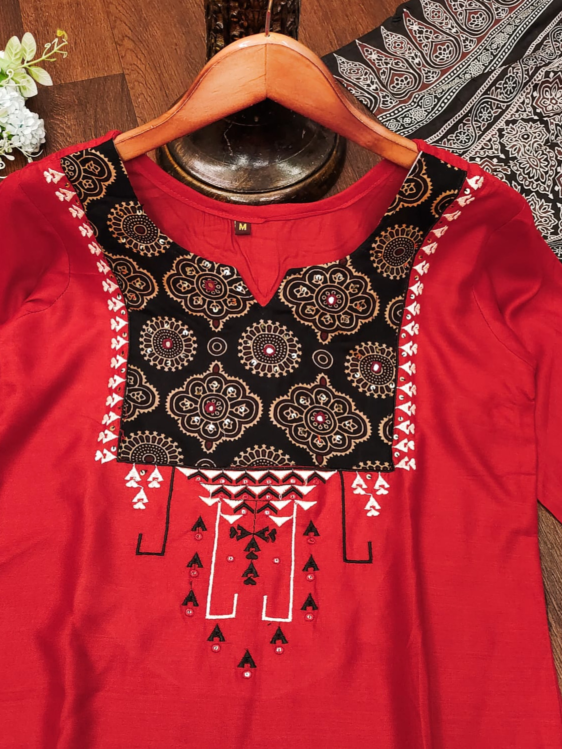 Red Color Heavy Rayon Handblock Print Tabla Kurta With Plazo & Cotton Dupatta