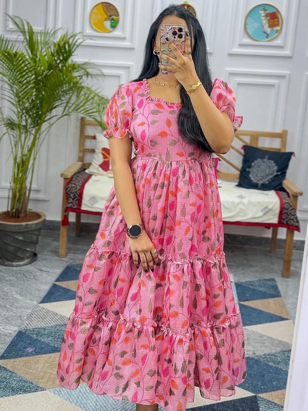 Pink Color Digital Print Kota Fabric With Full Lining Western Frock Style