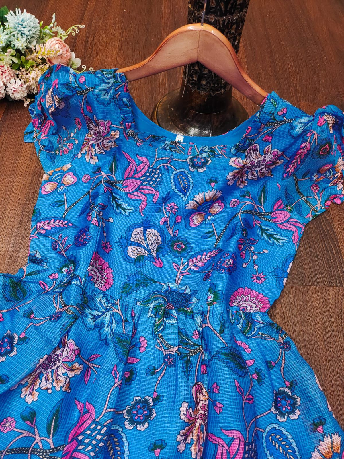 Blue Color Digital Print Kota Fabric With Full Lining Western Frock Style