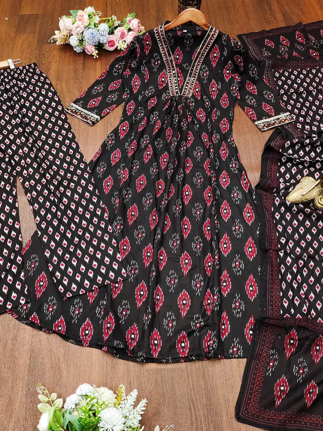 Designer Fine Cotton Print Flaired Straight With Embrodiery Kurta Pant & Dupatta Set