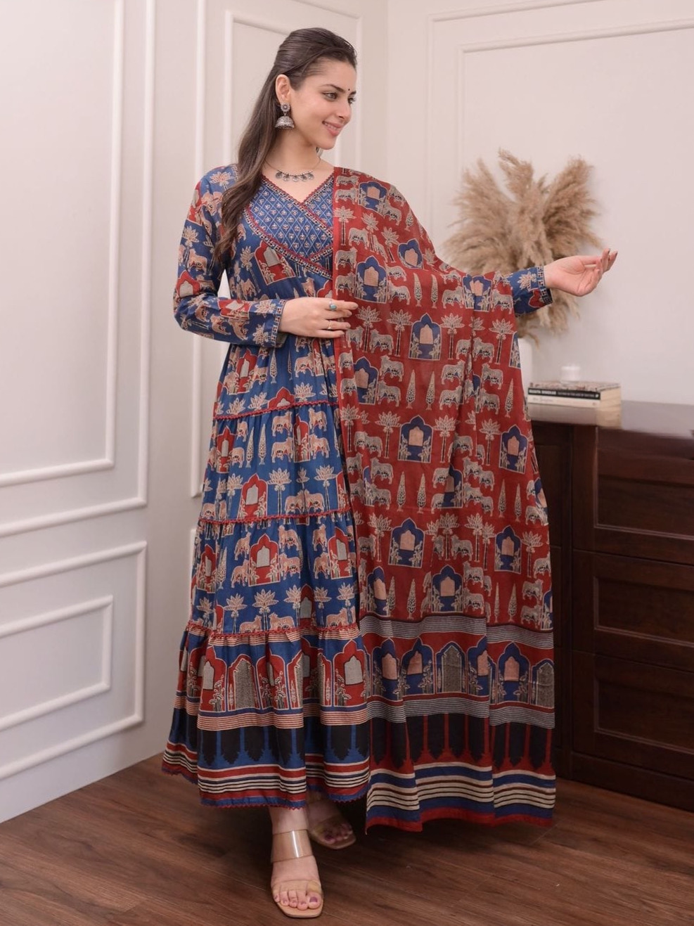 Multi Color Heavy Flaired Anarkali With Block Digital Prints Readymade Suit Set